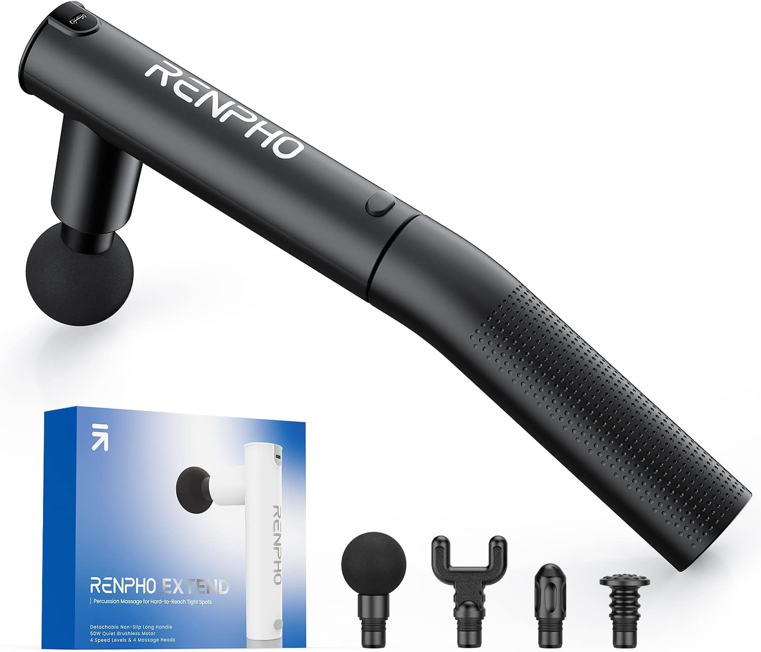 RENPHO Massagepistole "Renpho Extend Massage Gun C004", schwarz, Kunststoff, B:9,5cm H:4,6cm T:35,8cm, Massagegeräte, Inkl.Verlängerungsgriff für