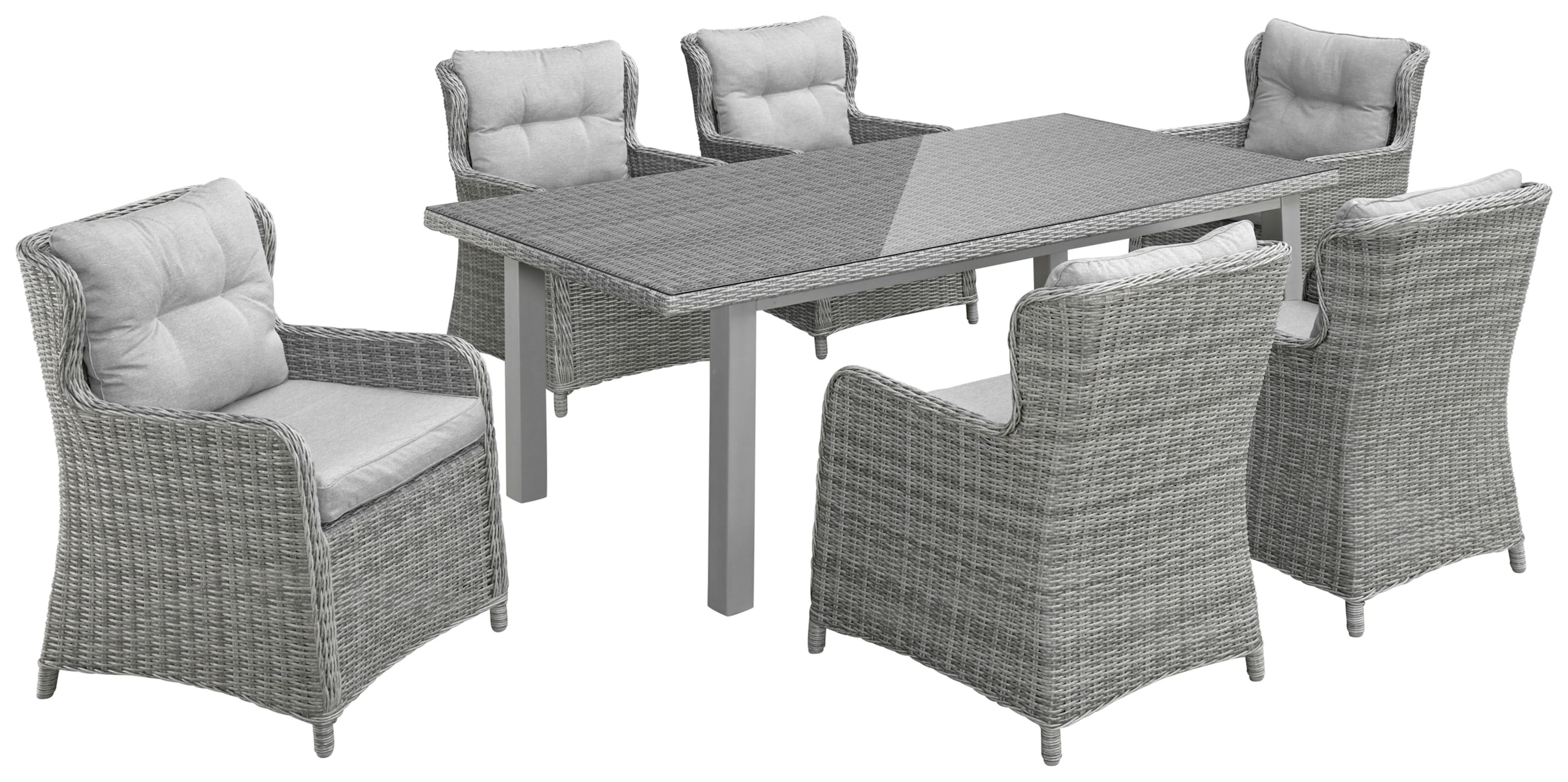 KONIFERA Garten-Essgruppe "Seattle", (Set, 19 tlg., 6x Sessel, 1xTisch 170x90 cm, inkl. Auflagen, Polyrattan, Aluminium)