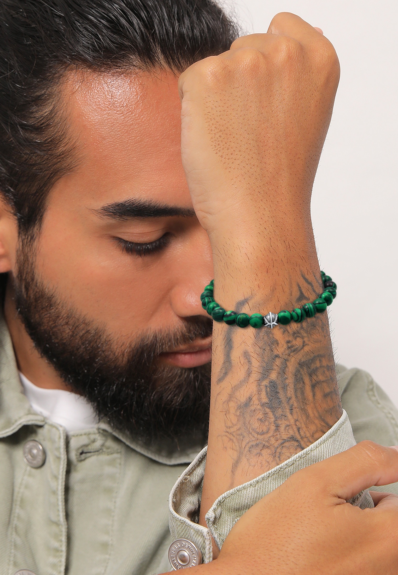 Armband KUZZOI "Herren synth. Malachit Bead Oxidiert 925 Silber" Gr. 23, grün, Armbänder, Herren, 23cm, ohne Stein, Resin, Armband 3