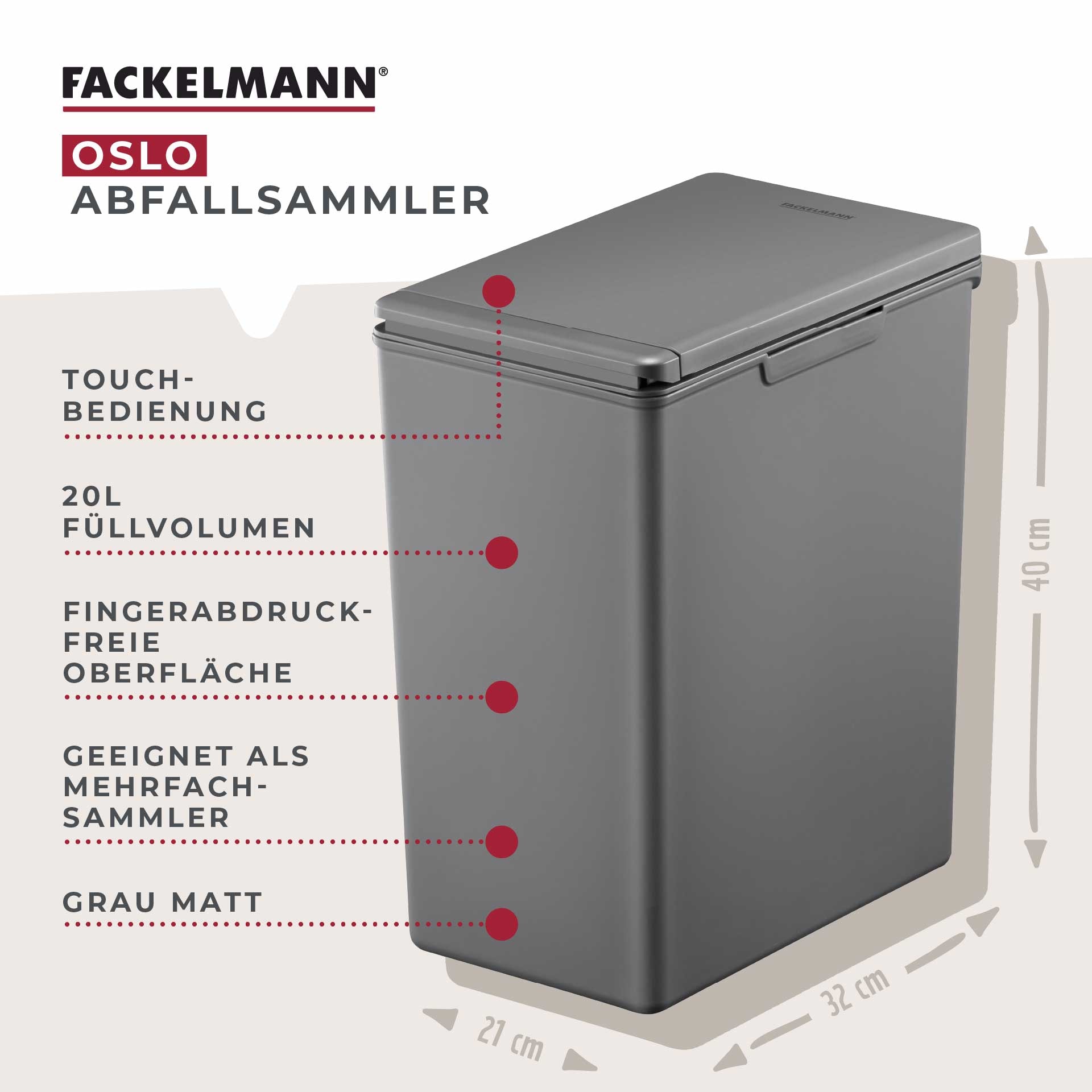 FACKELMANN Mülleimer »OSLO, Touch Abfalleimer« 1 Behälter ideal als Mehrfachsammler, leicht & robust mit sanfter Touch-Öffnung