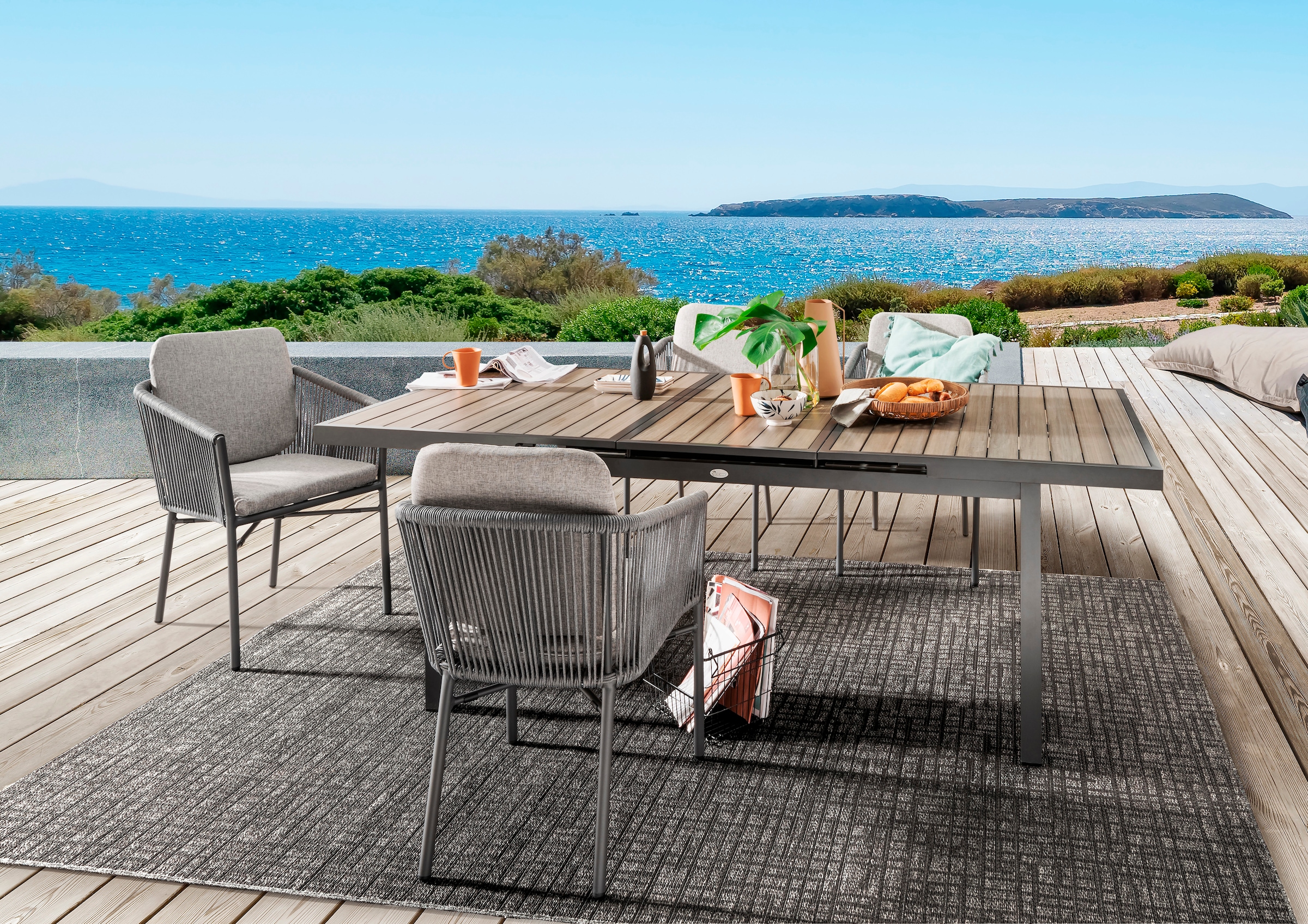 Destiny Garten-Essgruppe "LUCCA IMOLA", (13 tlg., 4x Sessel, 1x Tisch, inkl. Auflagen), Aluminium, Polyrattan, Rope