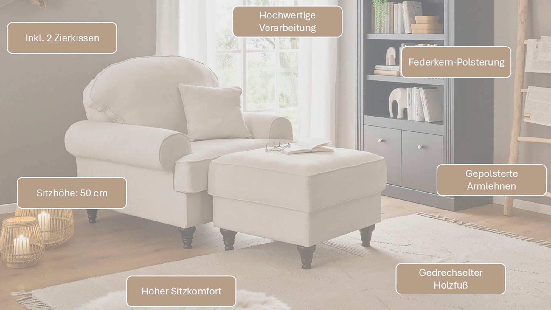 OTTO home Sessel »Westminster, Set in hochwertigem Microfaserbezug, 5 Farben verfügbar« Set, 1Sessel, 1 Hocker, 2 Stk. tlg. Enthält Sessel & Hocker, Federkern-Polsterung, gedrechselter Fuß