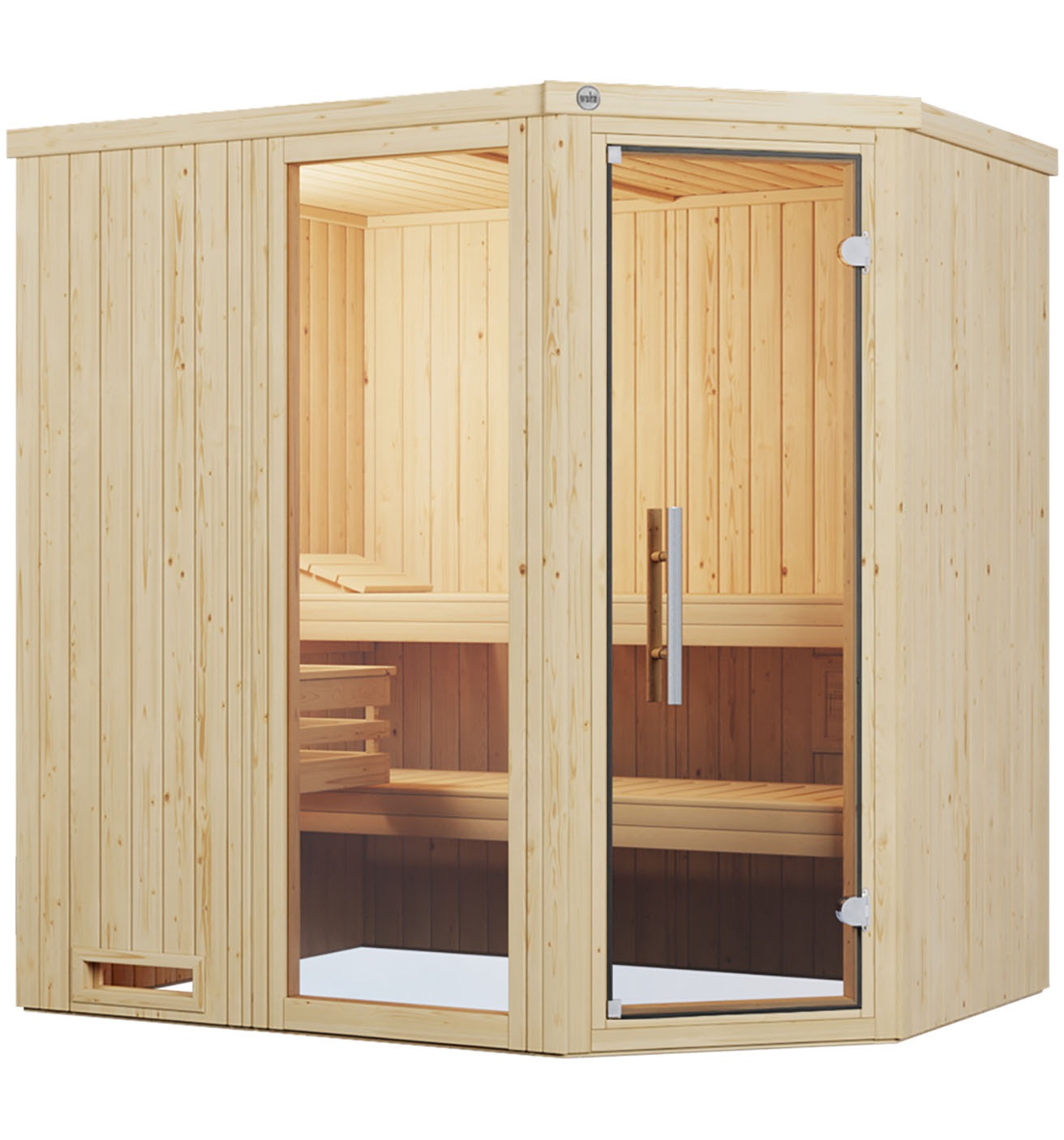 weka Sauna "Element-Ecksauna VARBERG 1", vorgefertigte Elemente, Fensterelement, moderne Ganzglastür