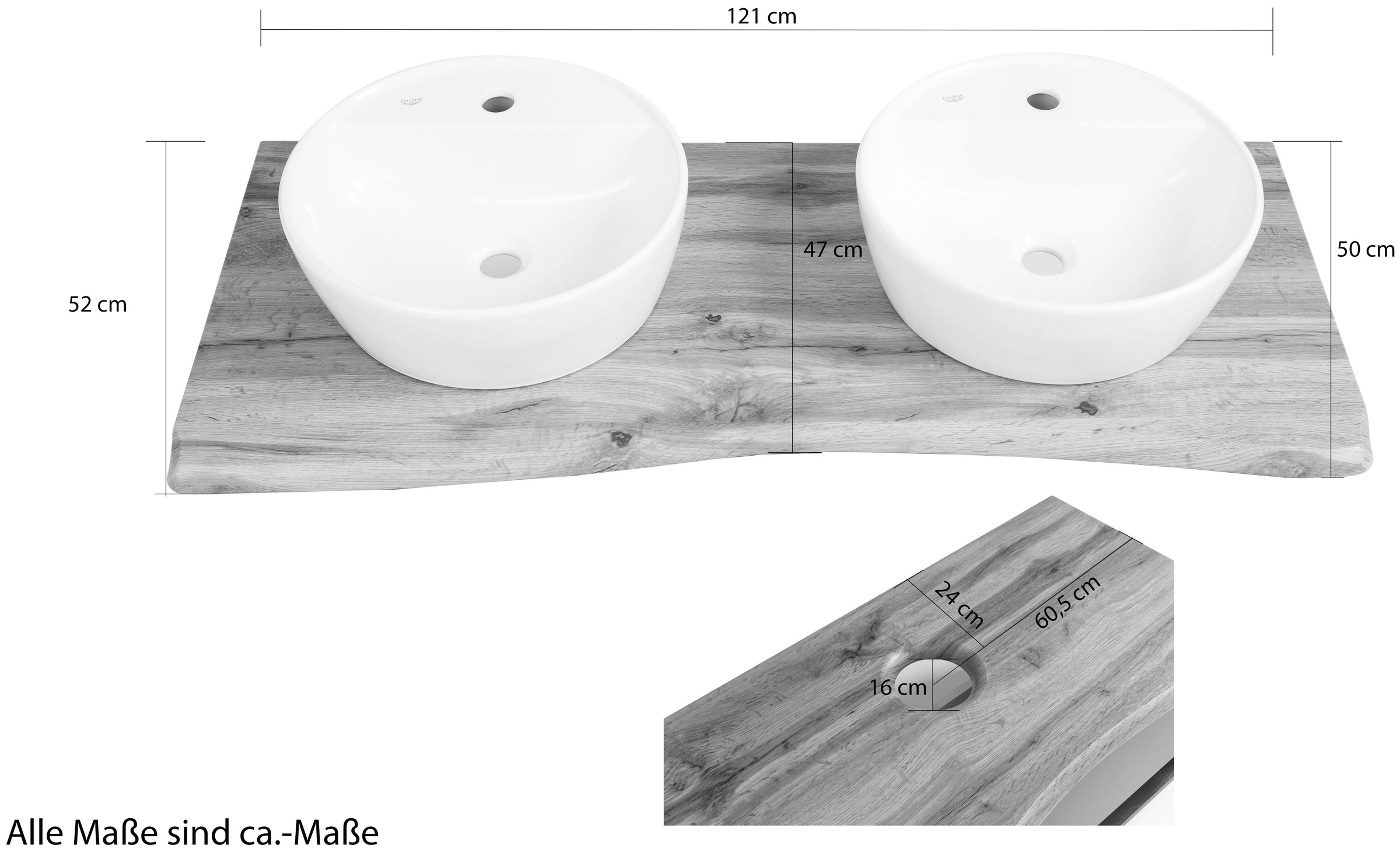 HELD MÖBEL Doppelwaschtisch »Trento, Waschplatz, Waschtisch, 120 cm breit, viel Stauraum«, 2 runde Keramik-Aufsatzbecken