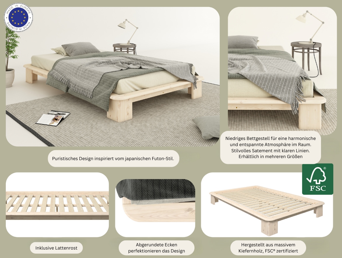 Home affaire Futonbett »Peregrin, Bett, Bettgestell, Massivholzbett«, inklusive Lattenrost, aus massiver Kiefer, FSC®