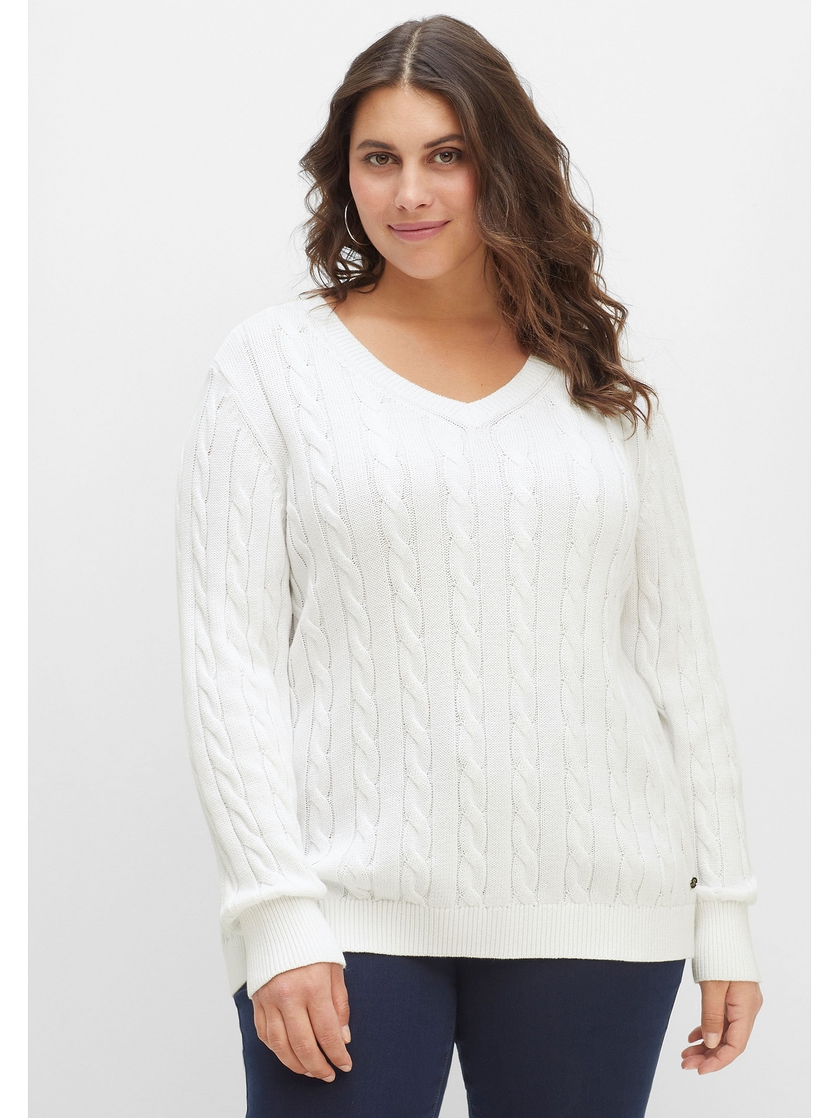 Sheego V-Ausschnitt-Pullover »Große Größen«, aus Baumwolle, mit Zopfmuster  für kaufen | BAUR