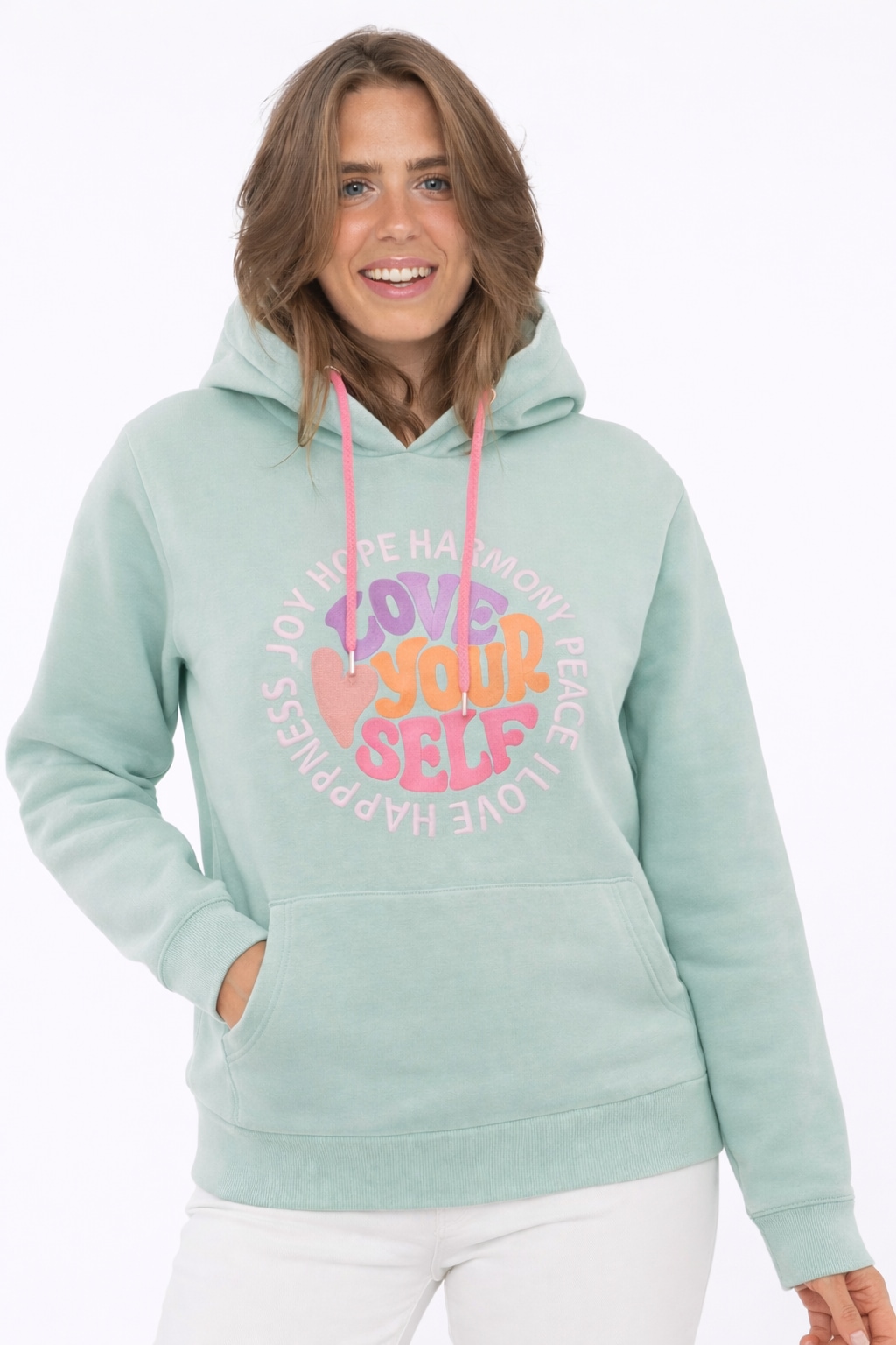 Zwillingsherz Hoodie ""Love Yourslef"", runde große Frontstickerei, farbige Kordel, Kängurutasche