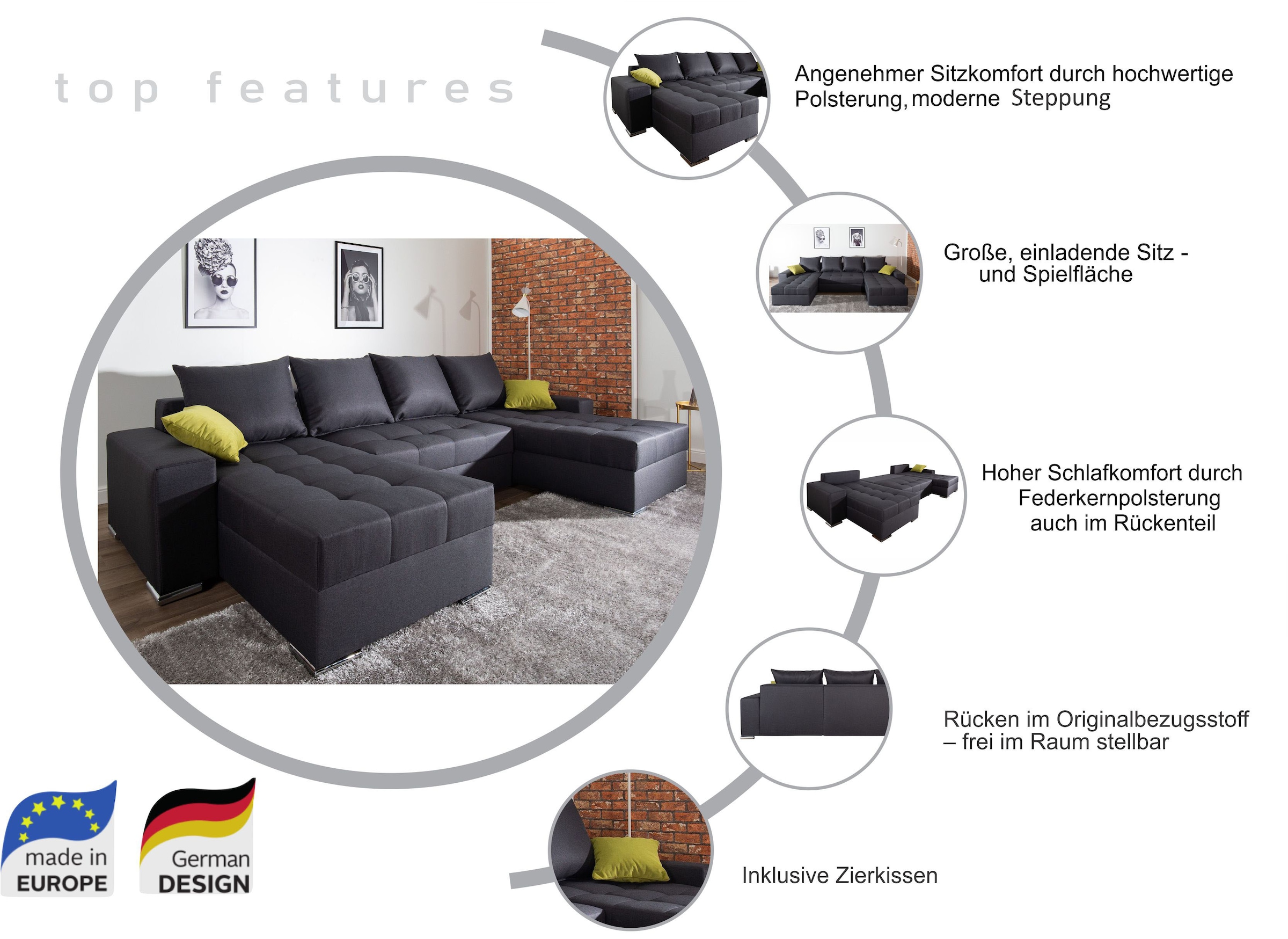 COLLECTION AB Wohnlandschaft »XL-Josy U-Form, Breite 313 cm, Flachgewebe, Struktur, Kunstleder«, inkl. Bettfunktion, Bettkasten, mit 4 gleich großen Rückenkissen