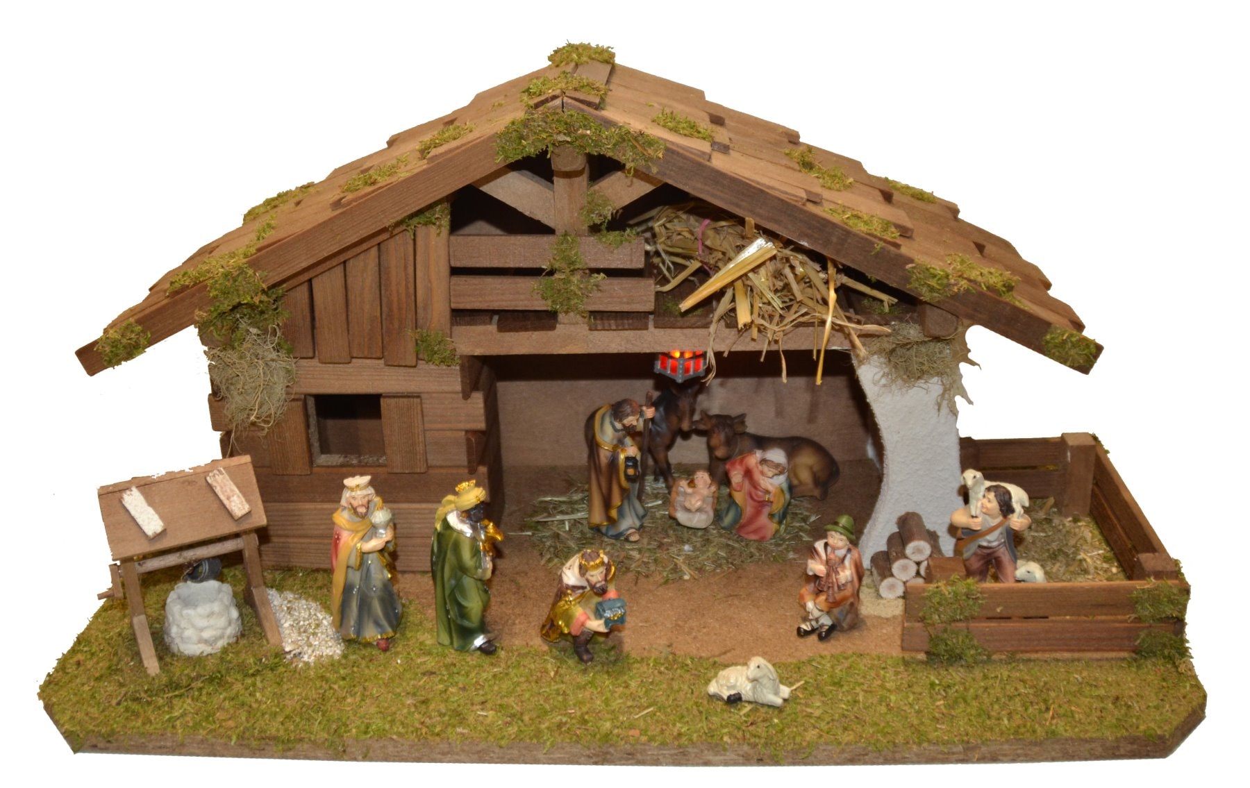 Krippe »Krippenstall mit Trafo«, (Set), mit Laterne, Brunnen, Holz, 9 cm Figuren 11tlg.