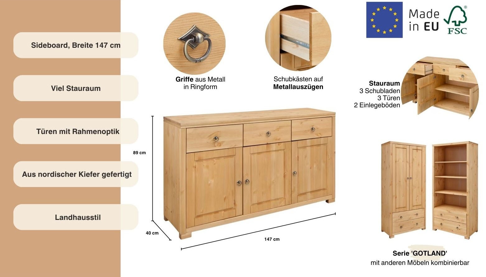 Home affaire Sideboard »Gotland«, Kommode, Breite 147 cm, aus massiver Kiefer, FSC®