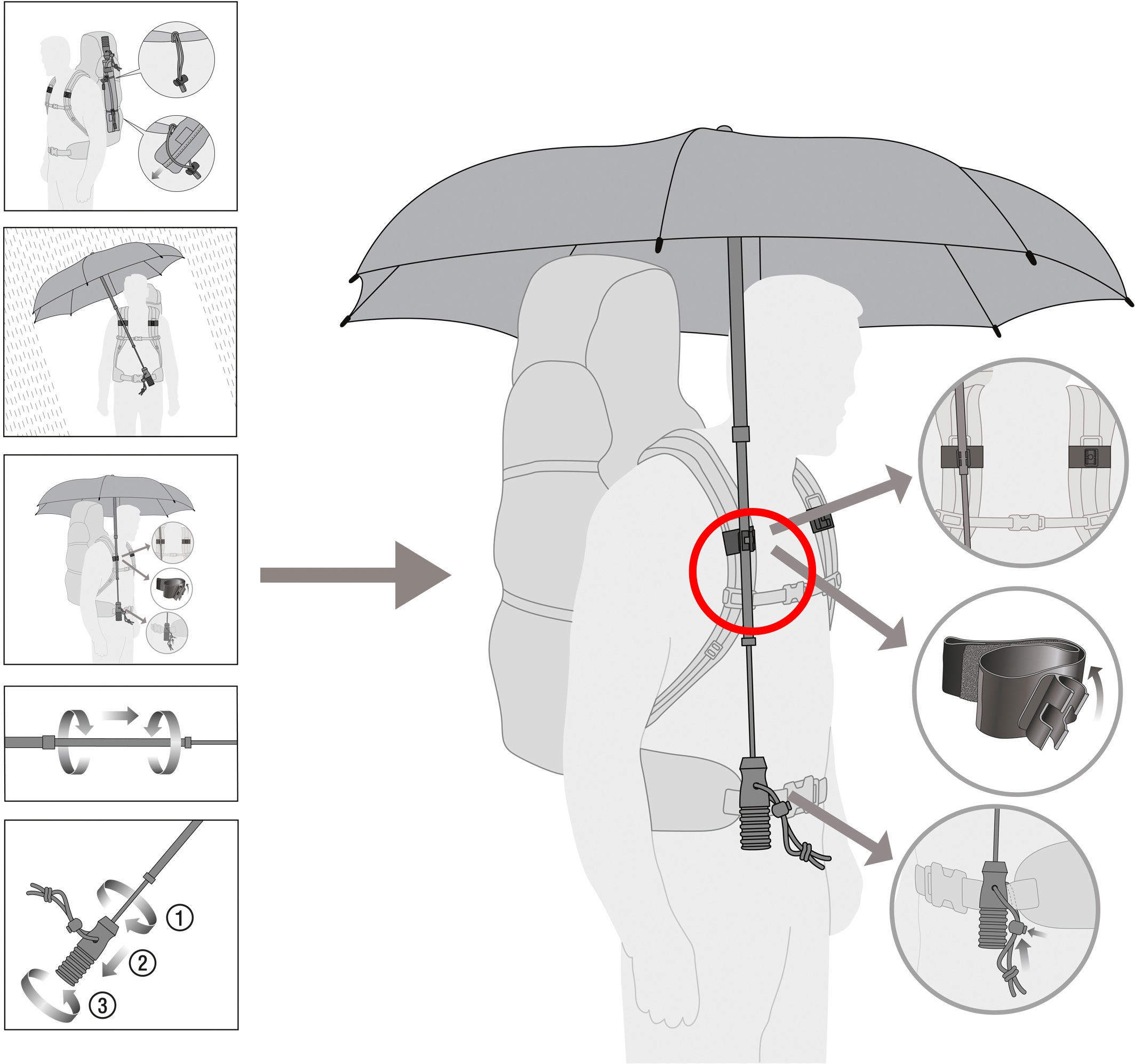 EuroSCHIRM® Taschenregenschirm »teleScope handsfree, schwarz«, zweifach ausziehbarer Schaft, handfrei tragbar