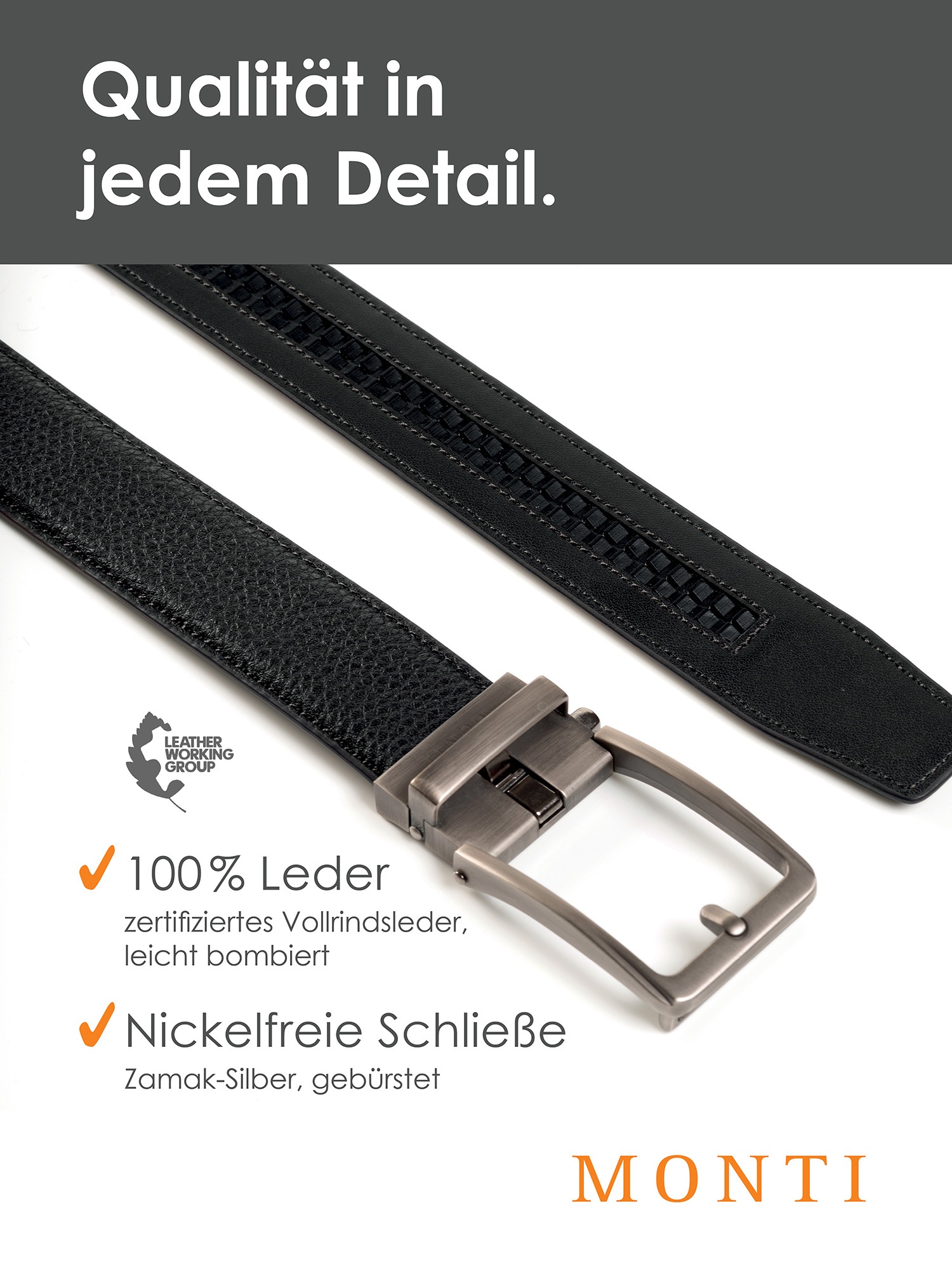 MONTI Ledergürtel, 3,5 cm breit, Klassisch-Business, Automatikschließe - Passt immer