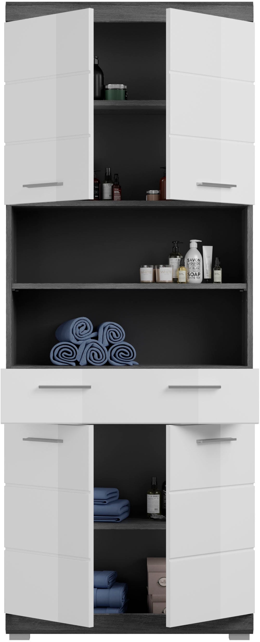 INOSIGN Badmöbel-Set »Siena, 4 teilig, bestehend aus:«, (Set, 4 St.), Hochschrank, Waschbeckenunterschrank, Badspiegel, Hochschrank breit