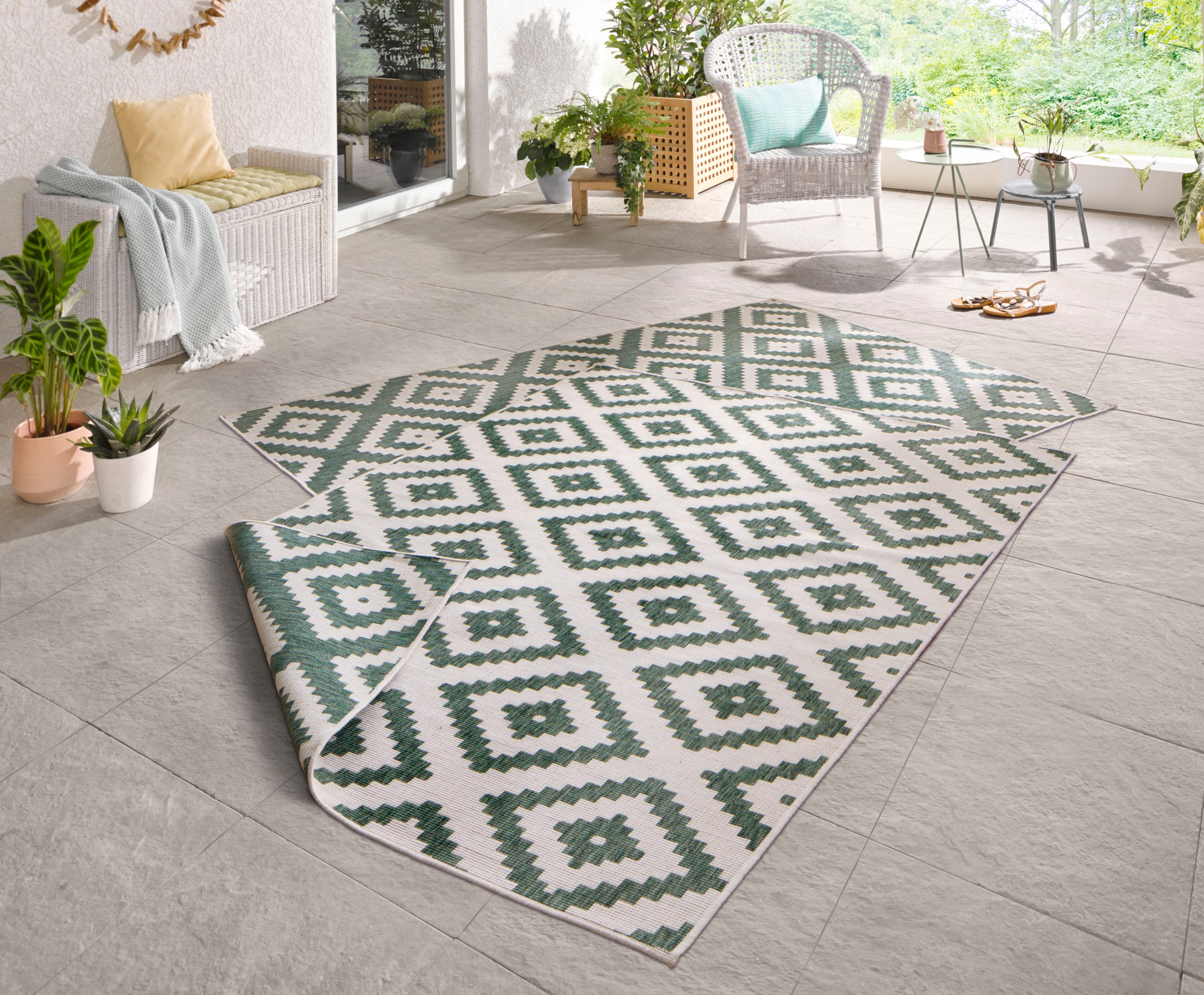 Teppich HANSE HOME "Malta Wendeteppich" Gr. 4, grün (grün, creme), B:160cm H:5mm L:230cm, Kunstfaser, Teppiche, Teppich, In-& Outdoor, Wetterfest, Balkon, Terrasse, Raute, Läufer, Wohnzimmer