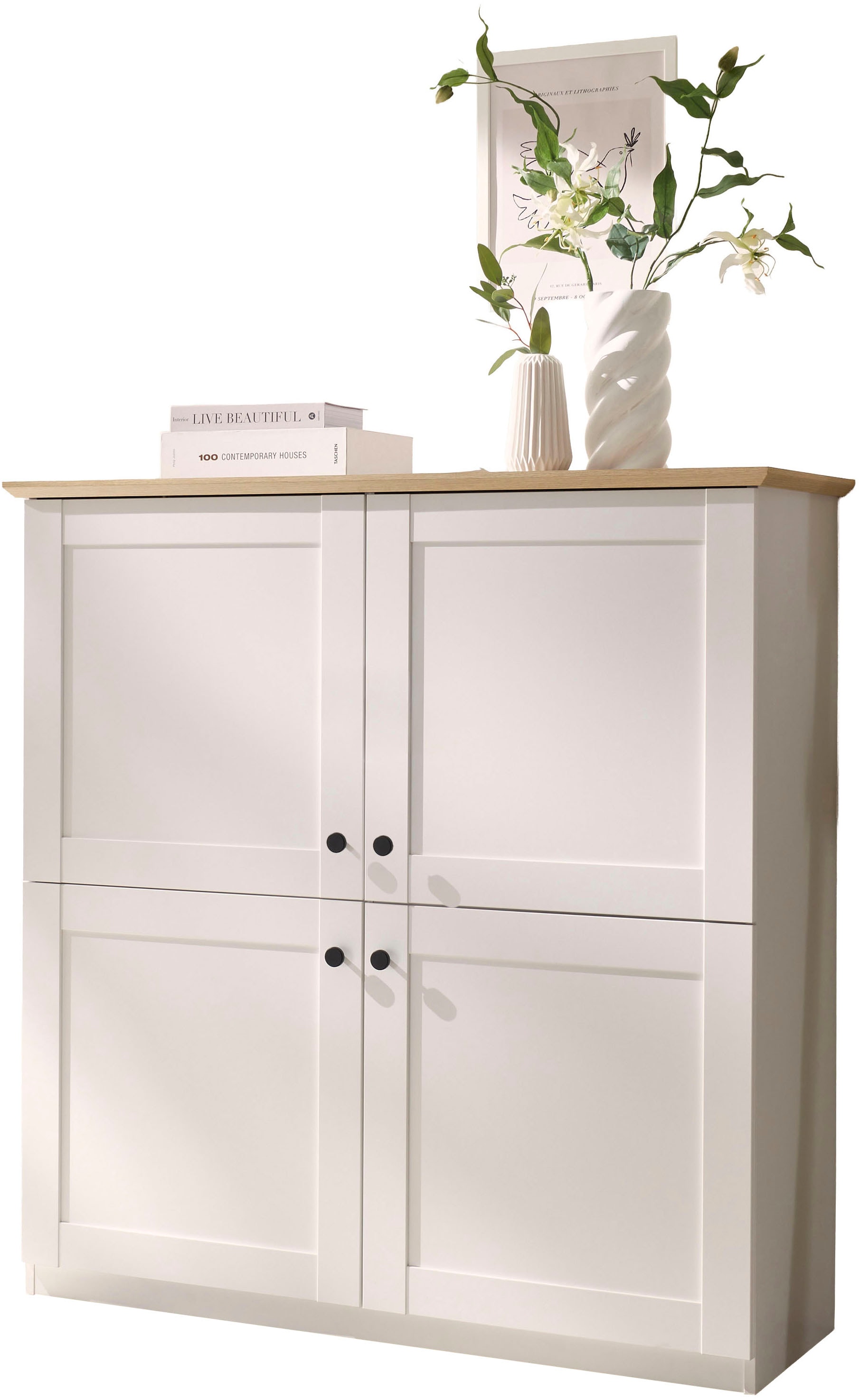 OTTO home Highboard »Brest, Schrank im Landhausstil, Wohnzimmerschrank, Mehrzweckschrank« schwarze Metallgriffe, ausreichend Stauraum, 128 cm hoch