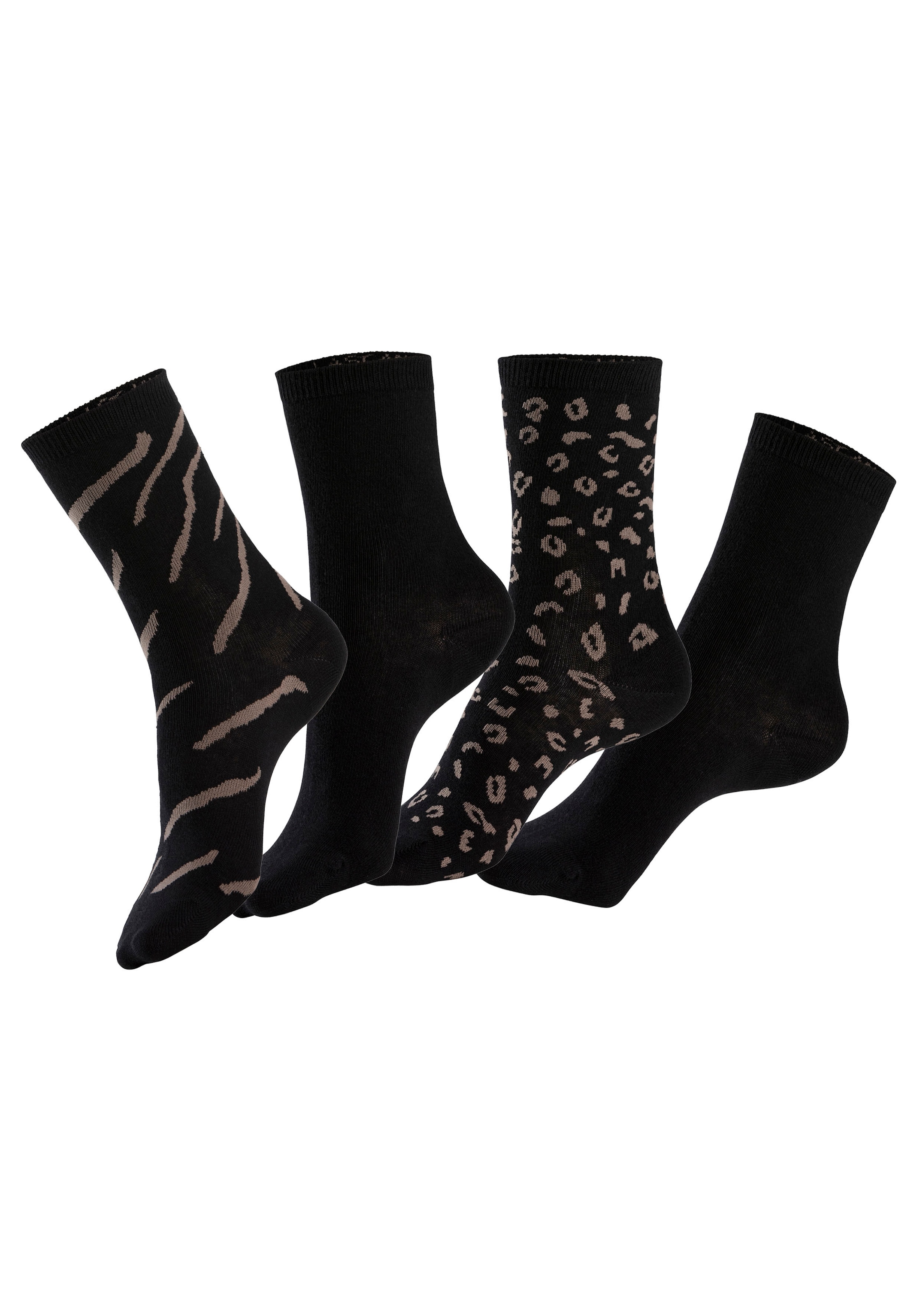 LASCANA Basicsocken, (Set, 4 Paar), uni und mit animal Design