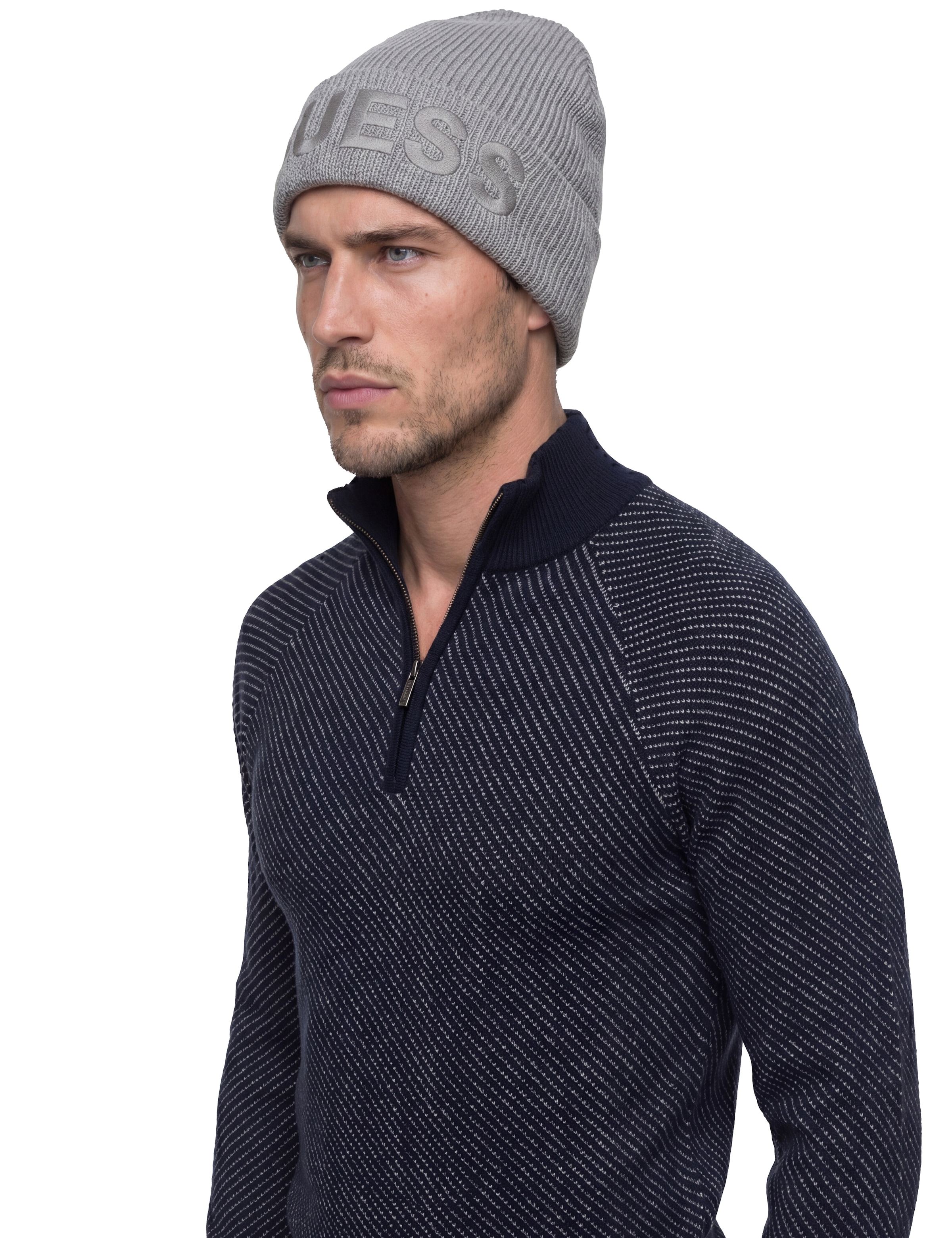 Guess Jacquardpullover »NICO DIAGONAL STITCH« mit Wolle, Stehkragen mit Reißverschluss, Jaquard-Strick