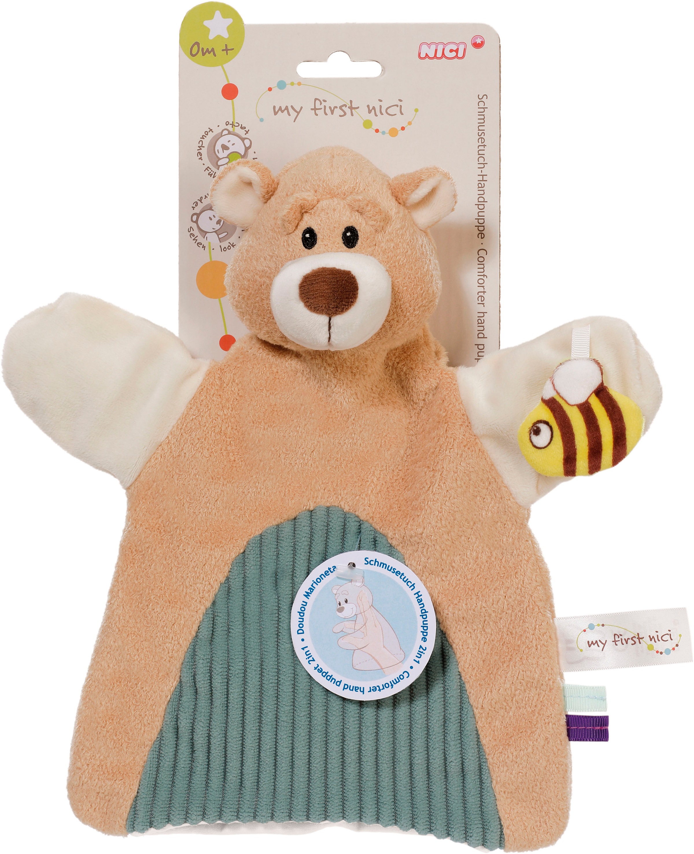 Nici Schmusetuch »My first NICI, Handpuppe Bär 2in1 26x25 cm«, sanfte Materialmix aus glattem und geripptem Plüsch