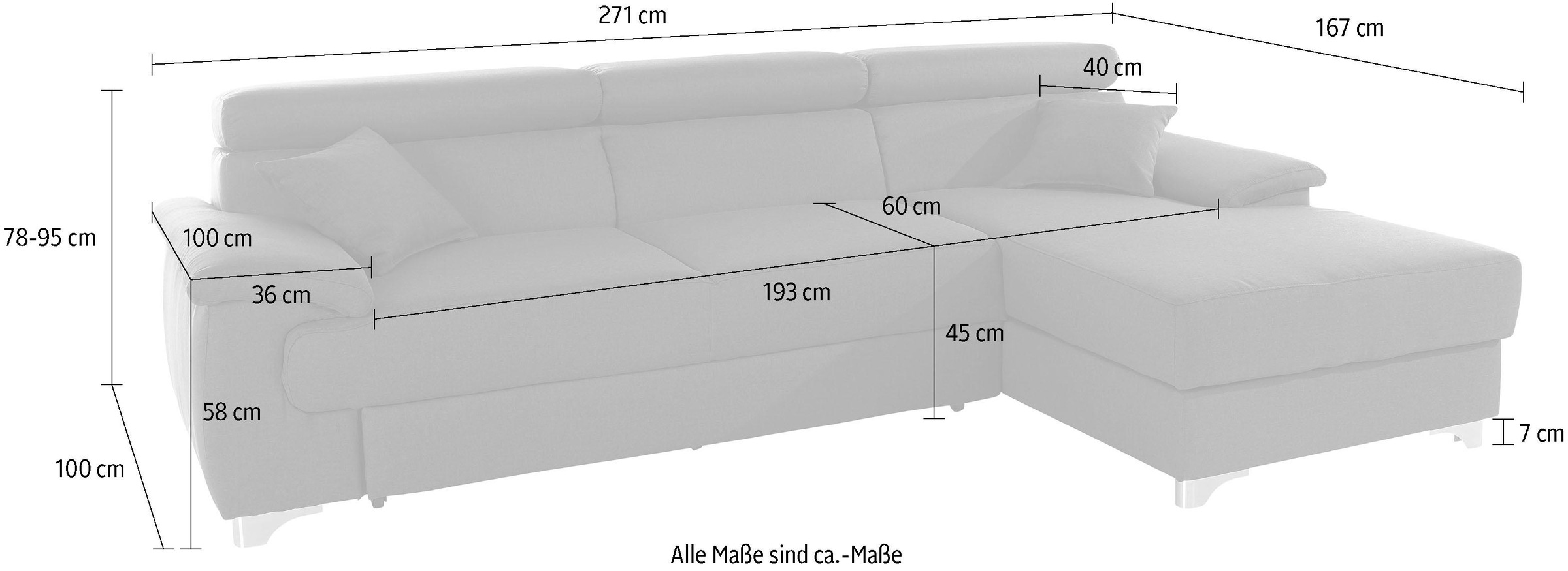 Ecksofa DOMO COLLECTION "Mira, inklusive Kopfteilverstellung für mehr Wohlfühlkomfort, L-Form", grau (dunkelgrau), B:271cm H:78cm T:167cm, Zierkissen: Entsprechend jeweiligem Bezug.;Struktur (100% Polyester);Struktur fein (100% Polyester);Luxus-Microfaser 3