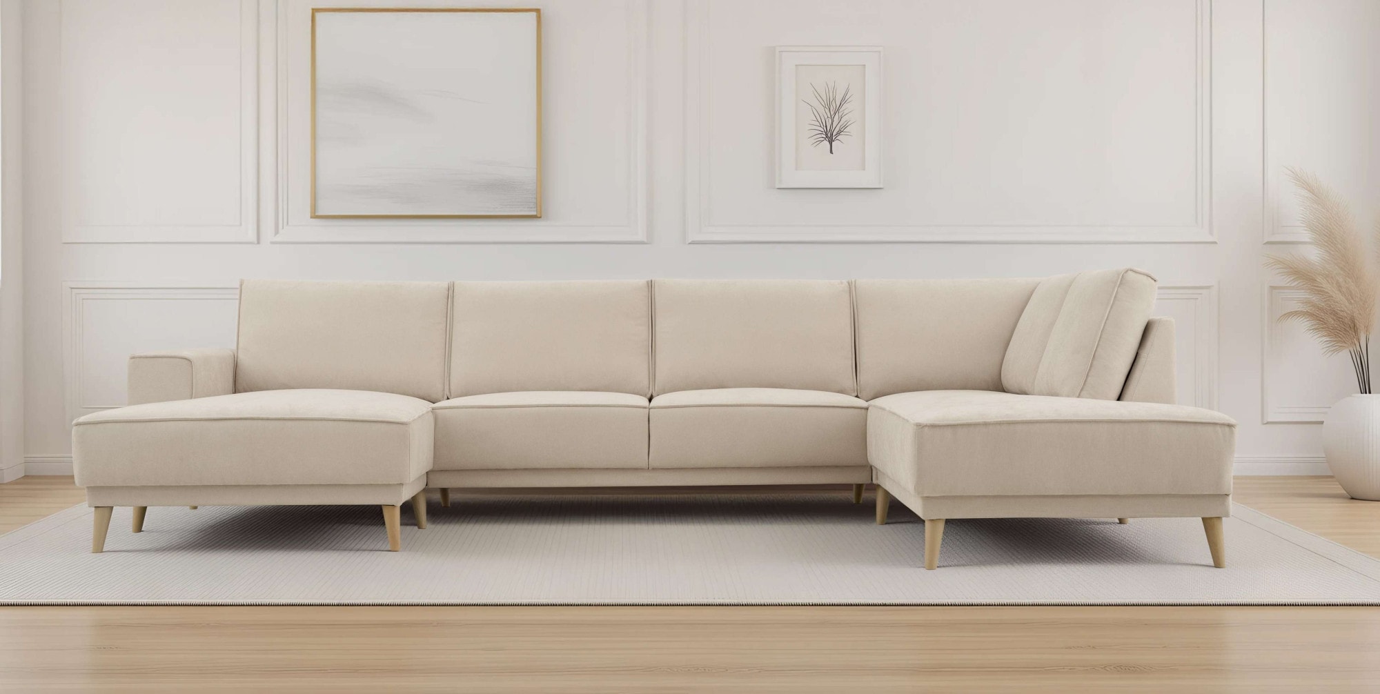 OTTO home Wohnlandschaft "Oland Skandi, weicher Chenille-Stoff" U-Form, 345 cm, Wellenunterfederung, Skandi-Design, Massivholzfüße