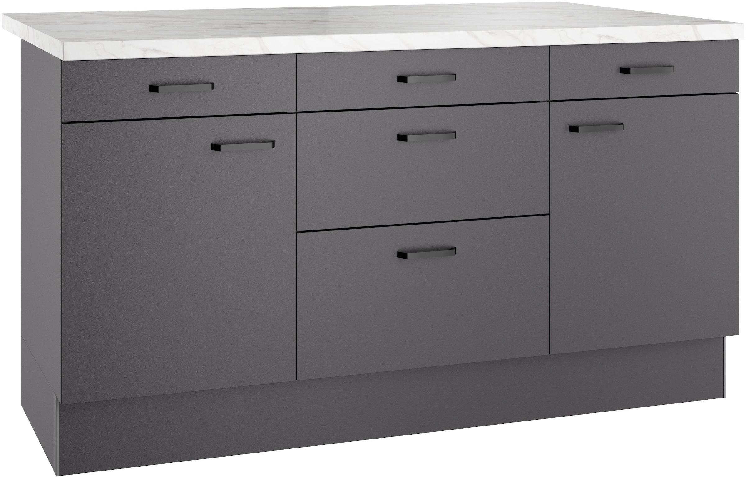 Kücheninsel KOCHSTATION, B:161cm H:90,8cm T:96,5cmküche: grau, korpus: anthrazit, arbeitsplatte: marmor weiß, Komplettküchen-Sets, "KS-Paula"