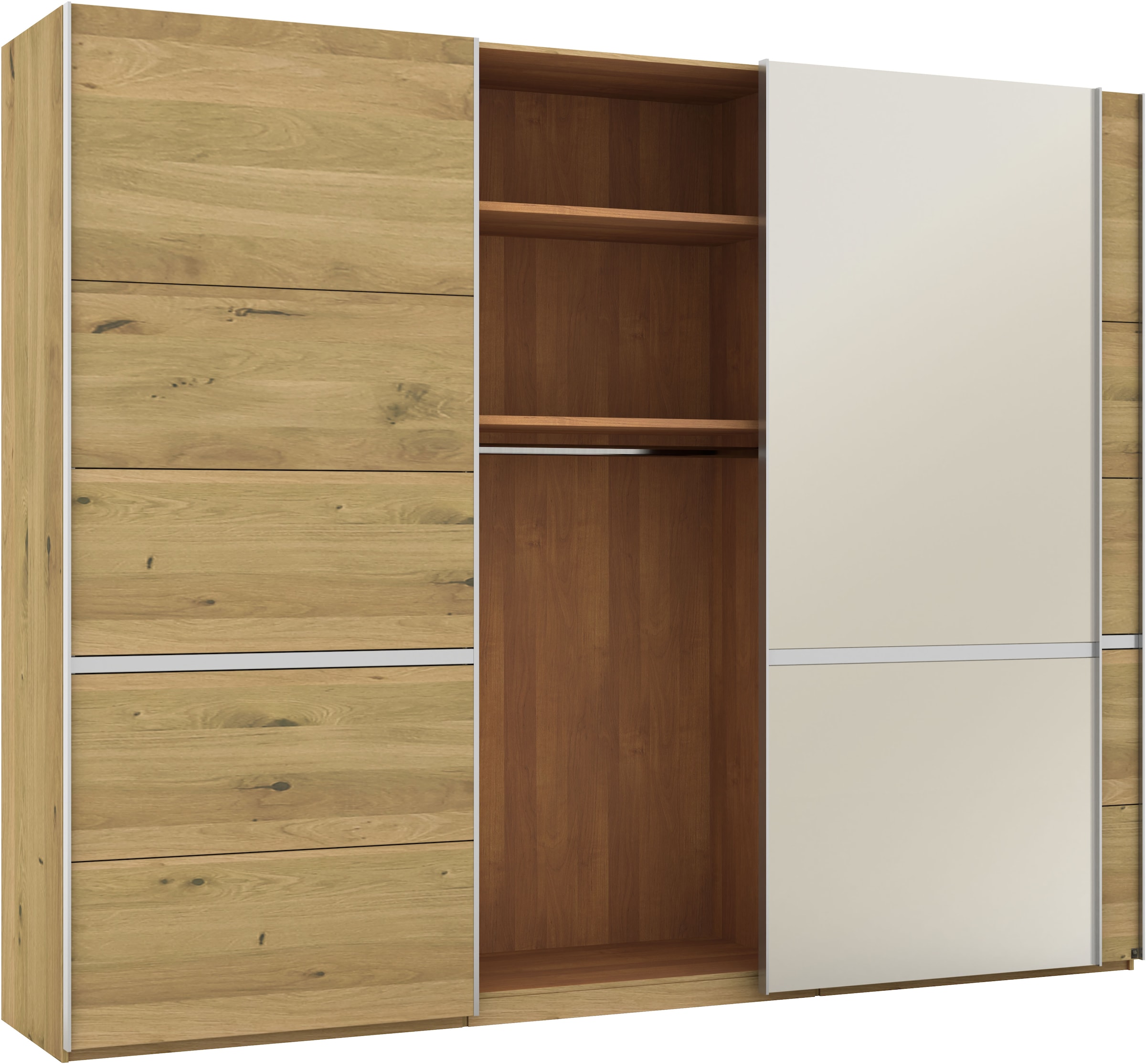 Musterring Schwebetürenschrank »Savona, Kleiderschrank, Schrank, Garderobe, mit Schiebetüren«, (Teilmassiv Bianco-Eiche, mit Spiegel oder Glas, MADE IN GERMANY), Türen Bianco-Eiche massiv, Spiegel-/Glastüren, eingelegte Chromleiste
