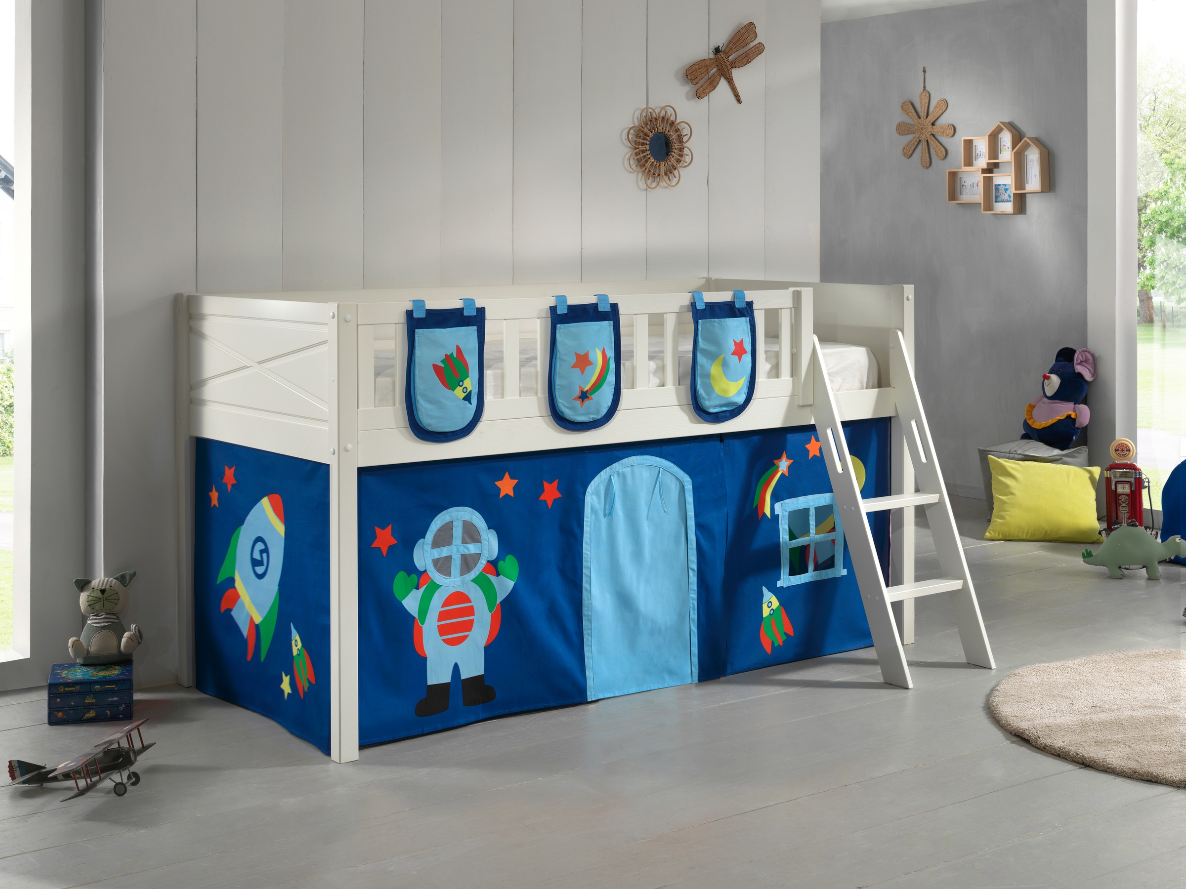 Scott Lit Mezzanine et Rideau Astro + 3 Sacs Rangement
