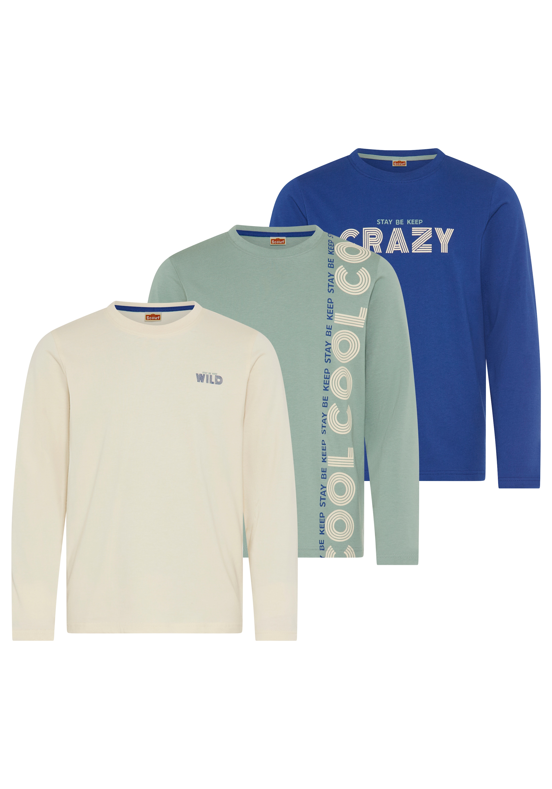 Scout Langarmshirt "3er Packung Shirt mit coolen Sprüche-Prints - NEU von SCOUT" Packung, 3, 3 Langarmshirts mit coolen Drucken: STAY COOL, STAY WILD, STAY CRAZY