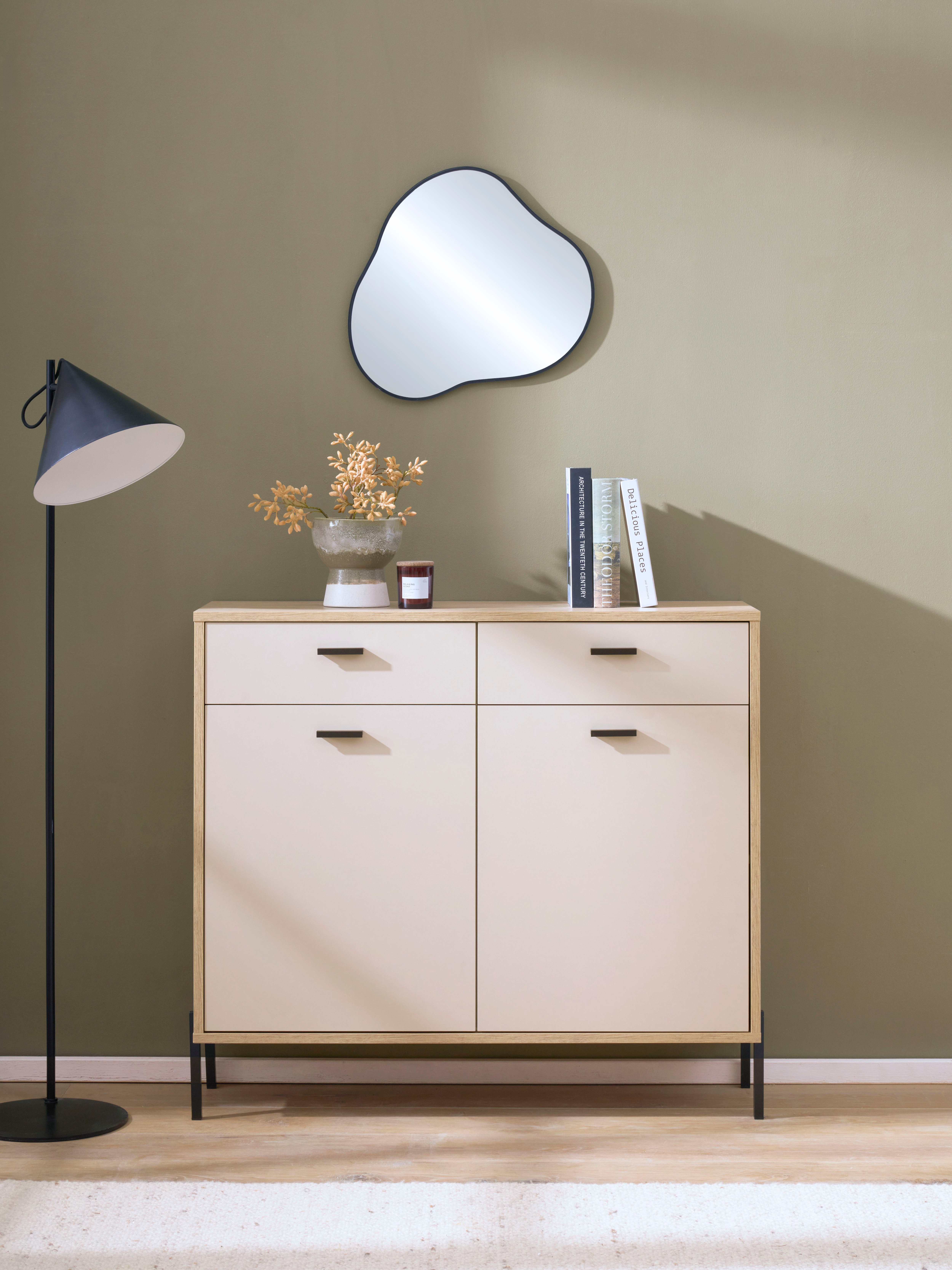 Home affaire Sideboard "Fredericia, moderne Kommode, Schrank in Kaschmir, 115 cm breit" zeitlos, schwarze Metallgriffe und -füße, ausreichend Stauraum