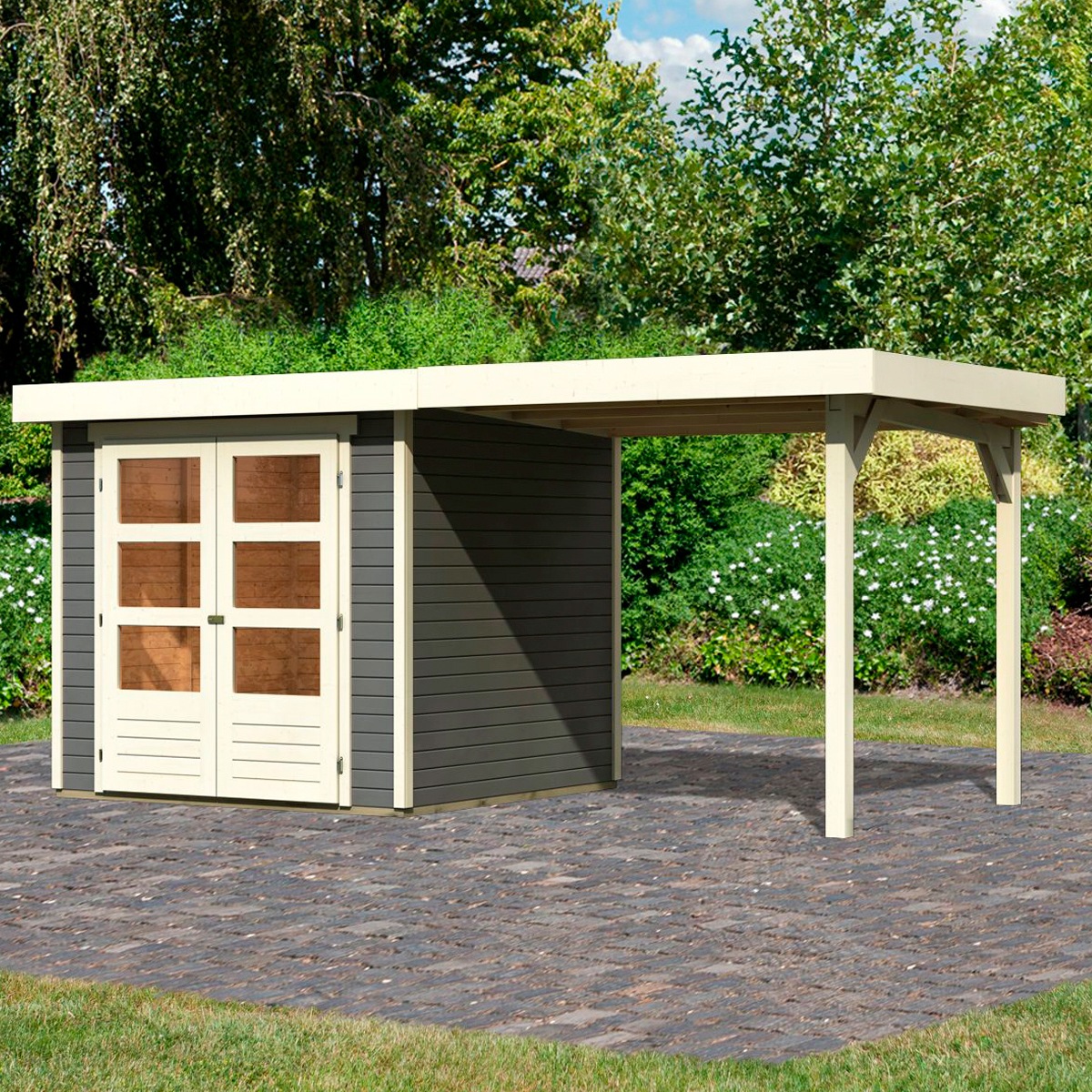 Karibu Gartenhaus »Arnis«, (Set), mit Anbaudach 2,40 m Breite