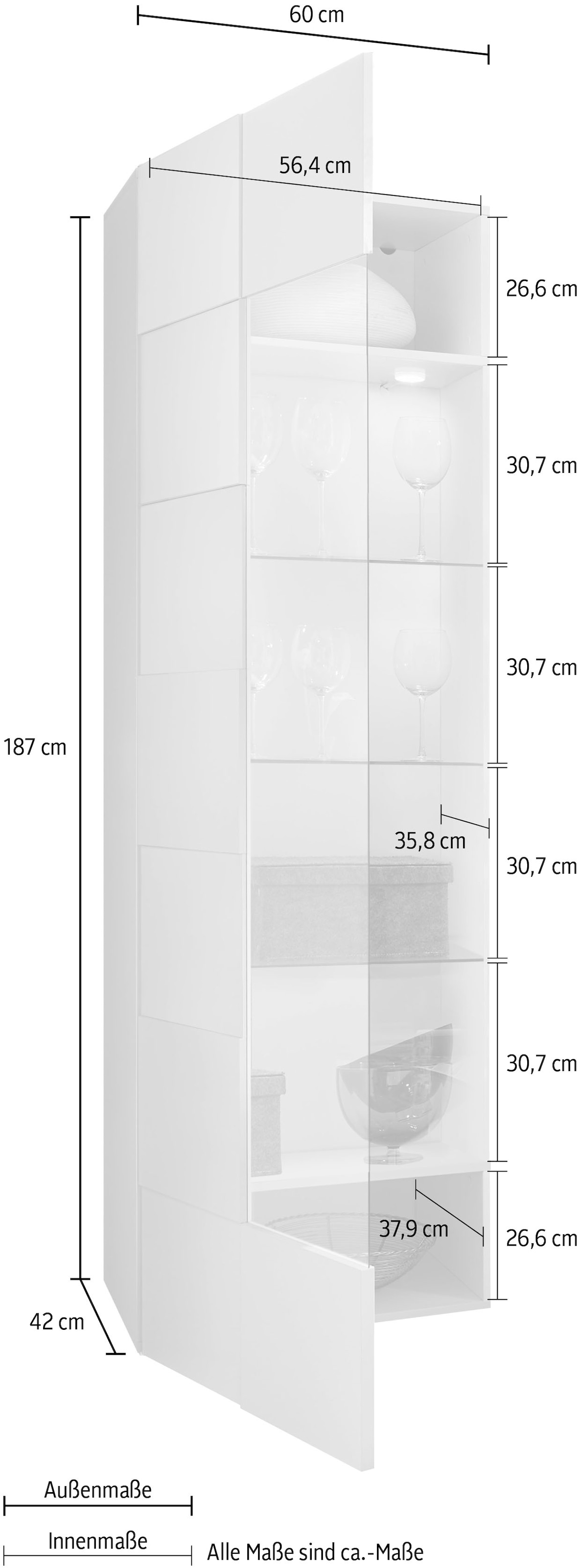 INOSIGN Vitrine »Dama Höhe 187 cm, Breite 60 cm, Stauraumvitrine mit 1 Tür,«, Standvitrine - Front in 3D-Optik, viel Stauraum, verschiedene Farben
