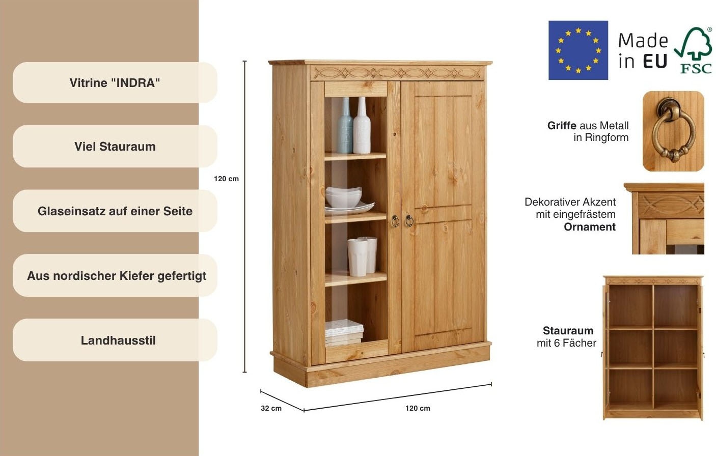 Home affaire Highboard »Indra«, Vitrine, Breite 86 cm