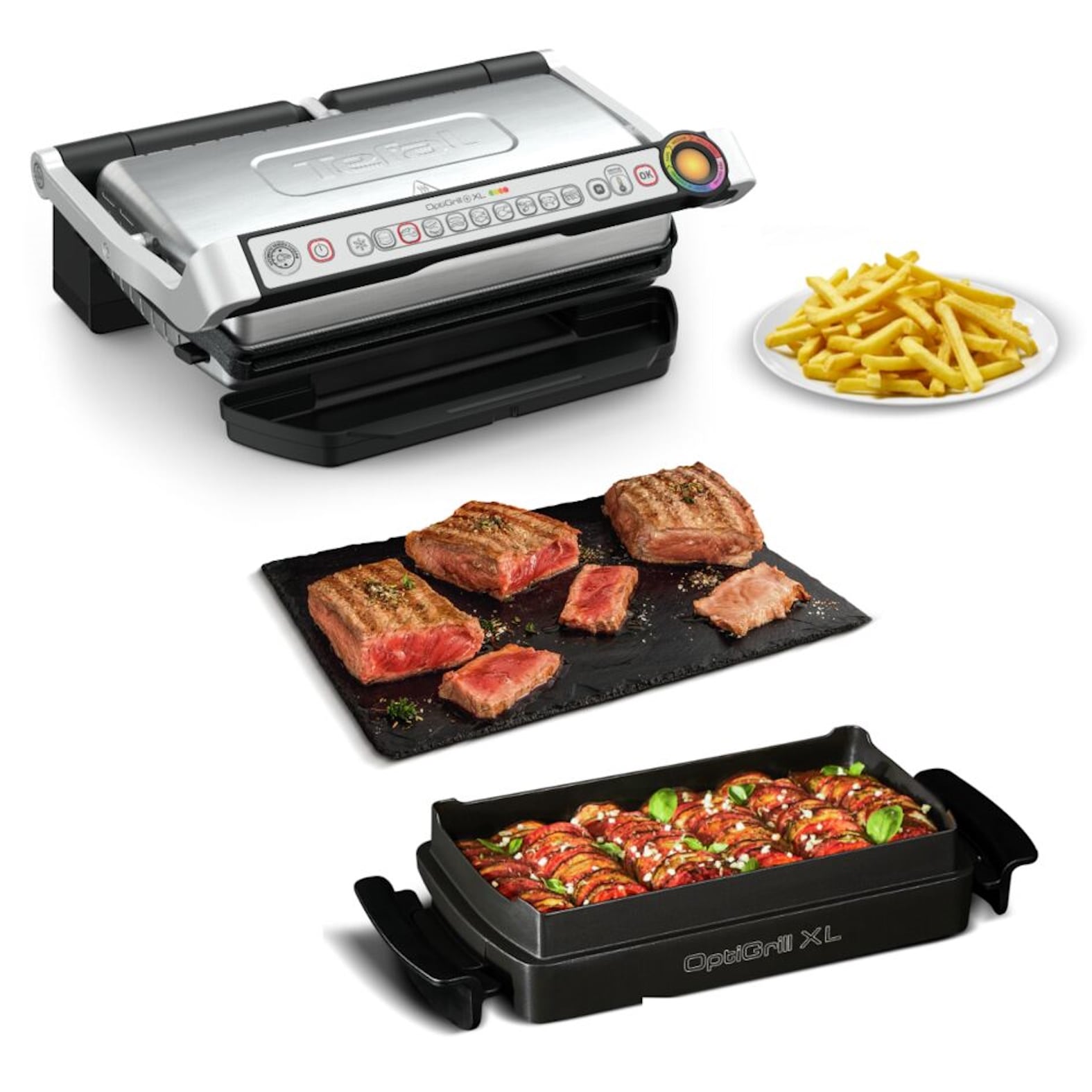 Tefal Kontaktgrill »OptiGrill+ XL inkl. Backschale, manueller Modus mit 4 Temperaturen«, 2000 W, 9 automatische Kochprogramme, spülmaschinengeeignete Platten, GC724D