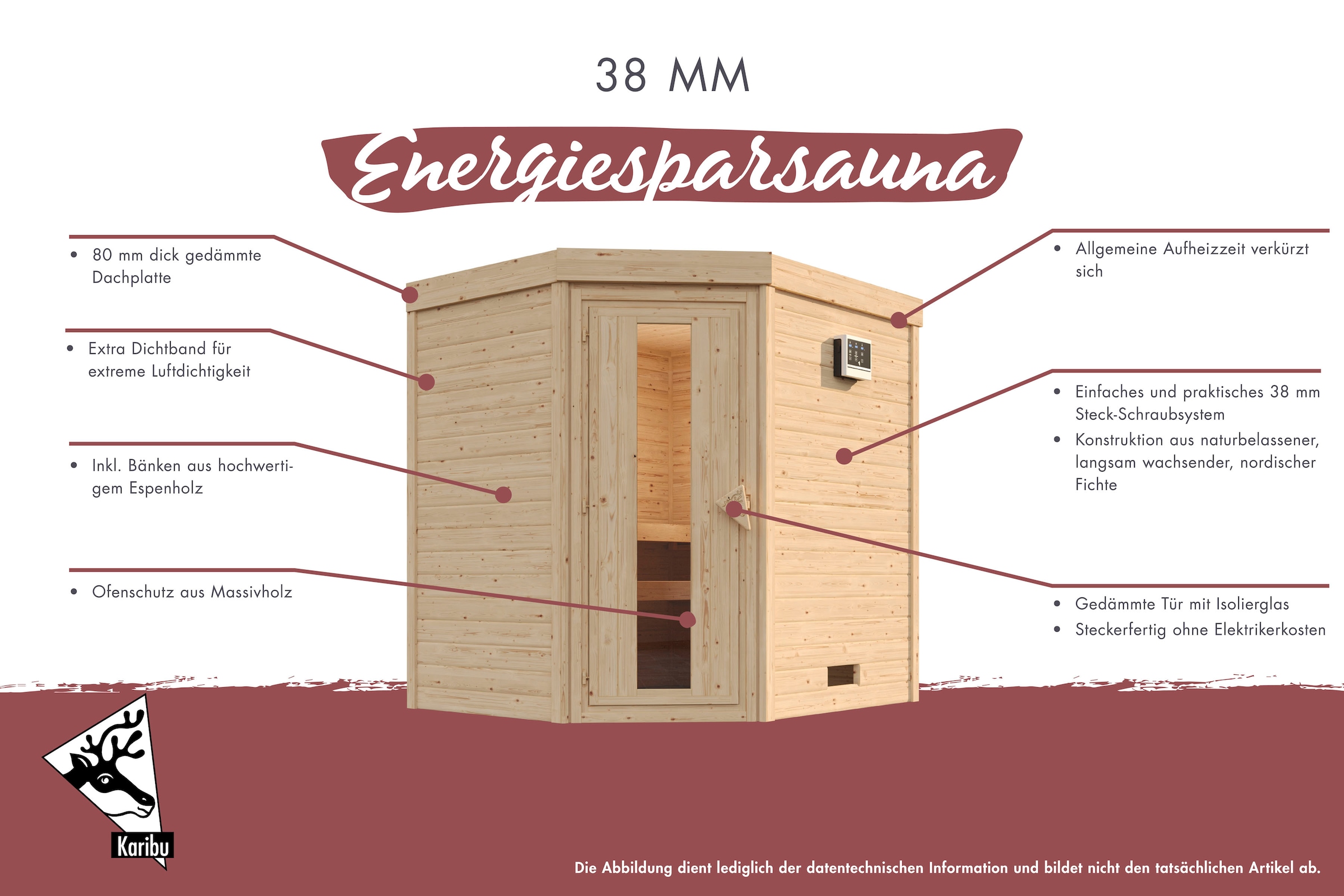 Karibu Sauna »"Collin" naturbelassen mit Ofen 3,6 kW Bio ext. Strg.«, aus hochwertiger nordischer Fichte