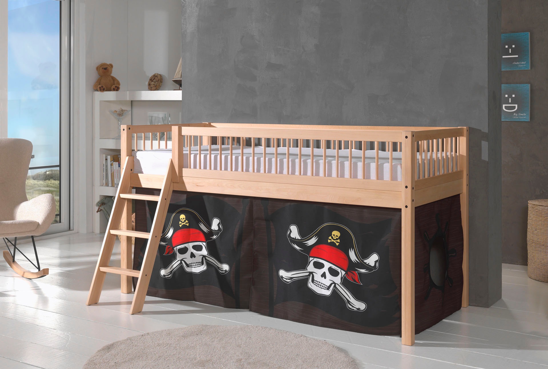 Vipack Spielbett »Forrest, Absturzschutz mit Sprossen-Optik, Pfostenstärken ca. 50x50mm« Buche natur lackiert, stabil und hochwertig gebaut, inkl. Lattenrost,  90/200 cm, inkl. Vorhang-Set 3-tlg., Spielbereich unter dem Bett