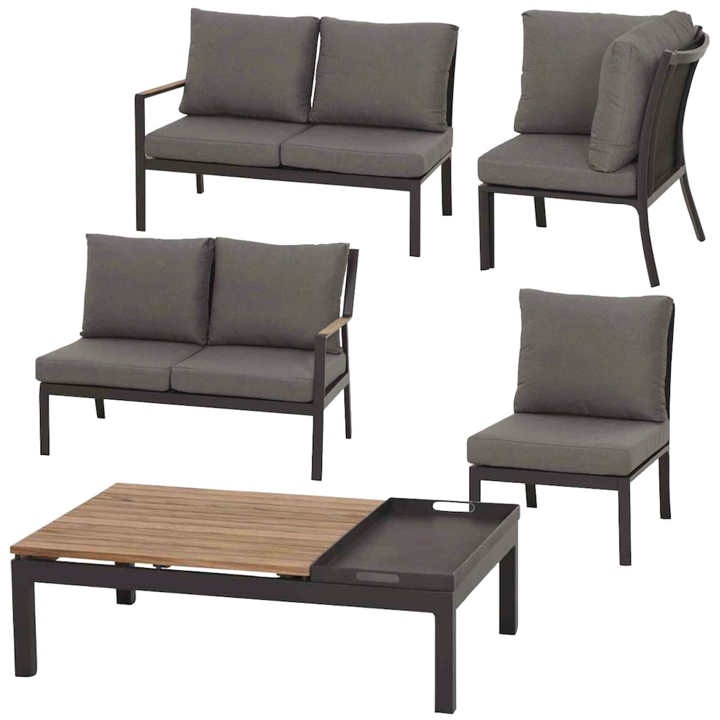 Siena Garden Gartenlounge-Set »Londra«, (5 tlg., 2x 2er Bank(l+r), 1xModul Ecke,1xModul Mitte,1xTisch: 102x73,5x31,5cm), Aluminium, Tischplatte Teak FSC 100%, Inkl. Sitz- und Rückenkissen