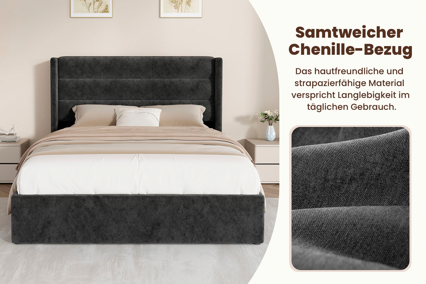 OTTO home Polsterbett »ROMMINA, Polsterbett mit Bettkasten in den Breiten 140cm & 180cm« Samtweicher Chenille-Bezug