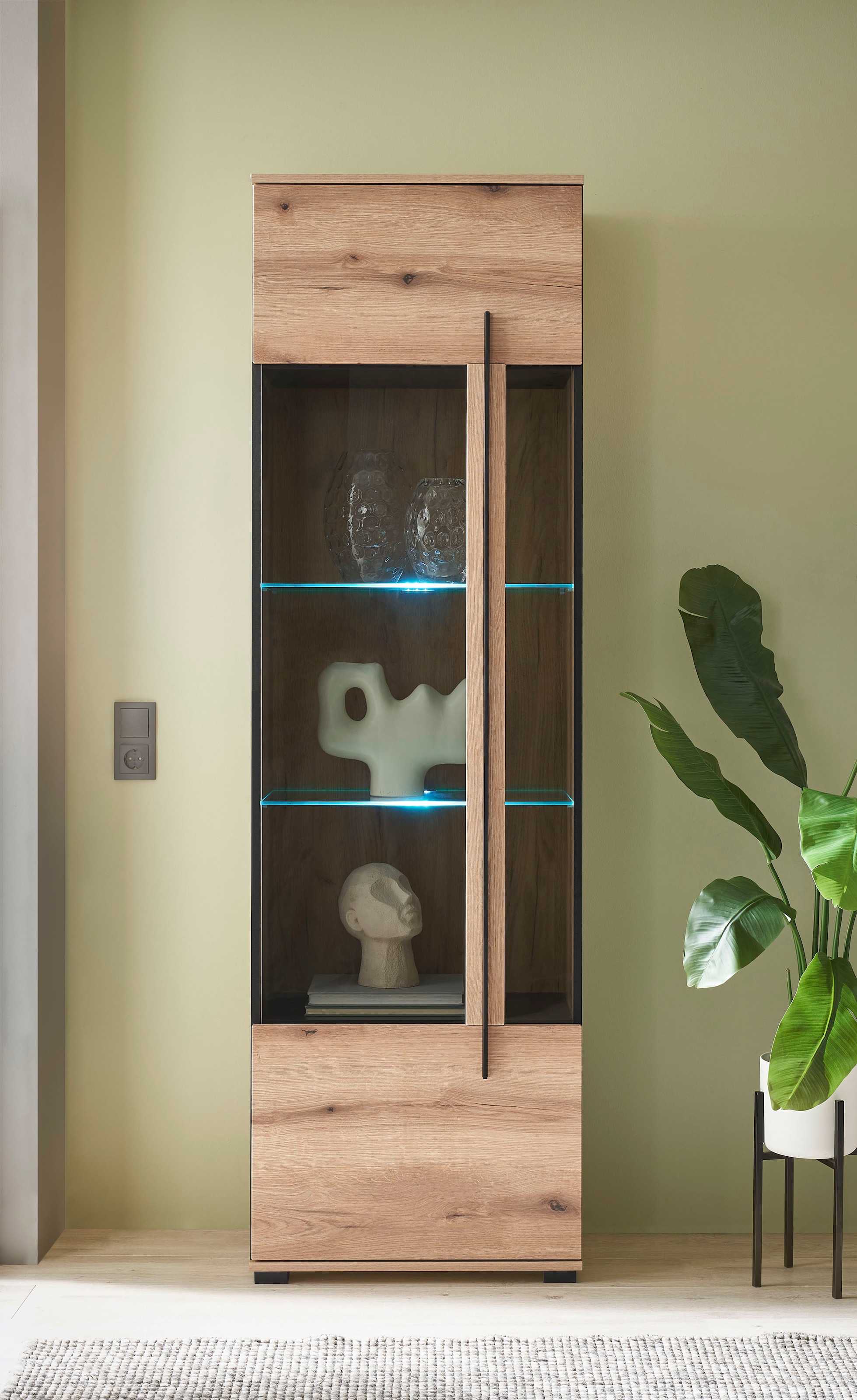 INOSIGN Vitrine »Cantara, Vitrinenschrank in Eiche Evoke oder weiß, Standvitrine«, schwarzer Stangengriff, ausreichend Stauraum, vielseitig einsetzbar
