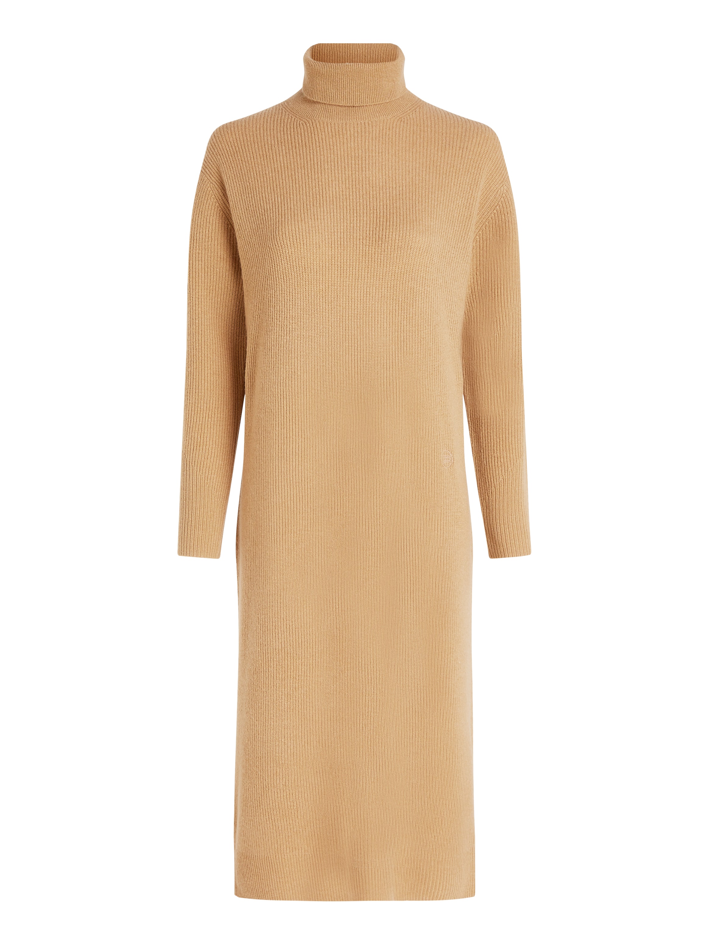Tommy Hilfiger Strickkleid »WOOL CASH ROLL-NK LONG DRESS« mit Logostickerei, in Rippoptik