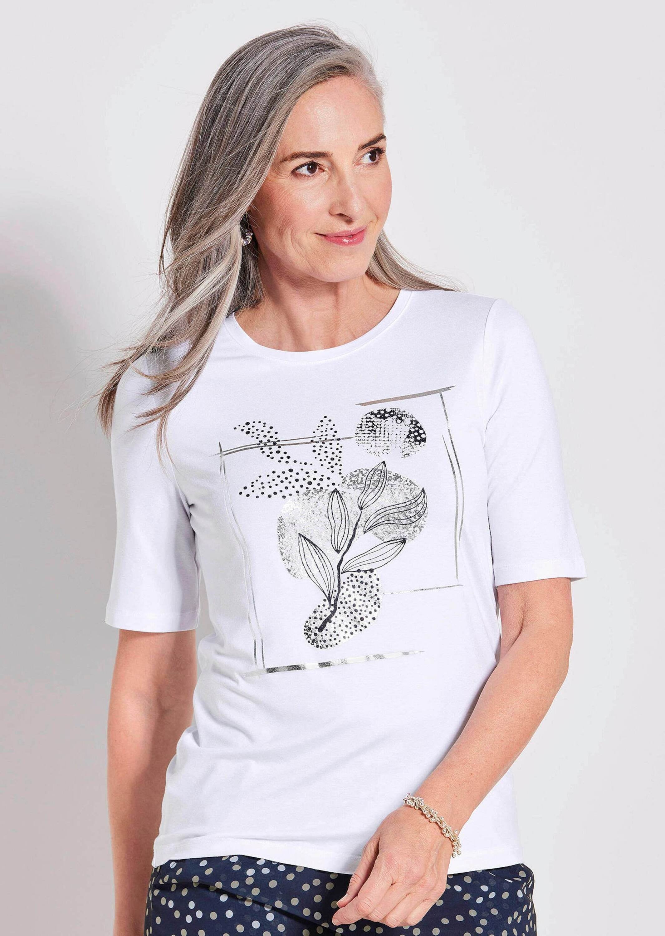 GOLDNER Kurzarmshirt »Jersey-Oberteil mit grafischem Glanzdruck« Glanzdetails