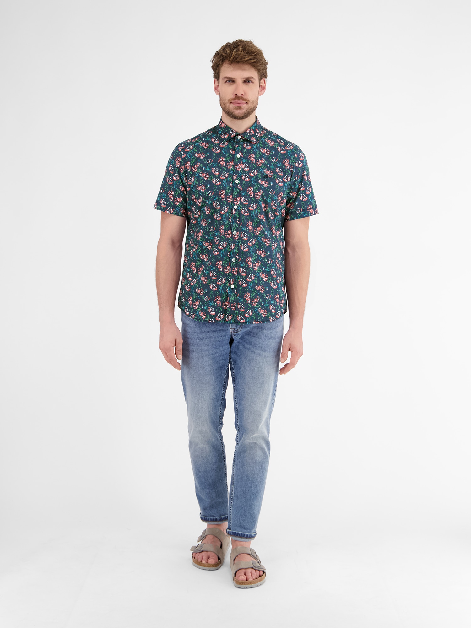 LERROS Kurzarmhemd »LERROS Herren Poplin-Stretchhemd, floral gemustert«