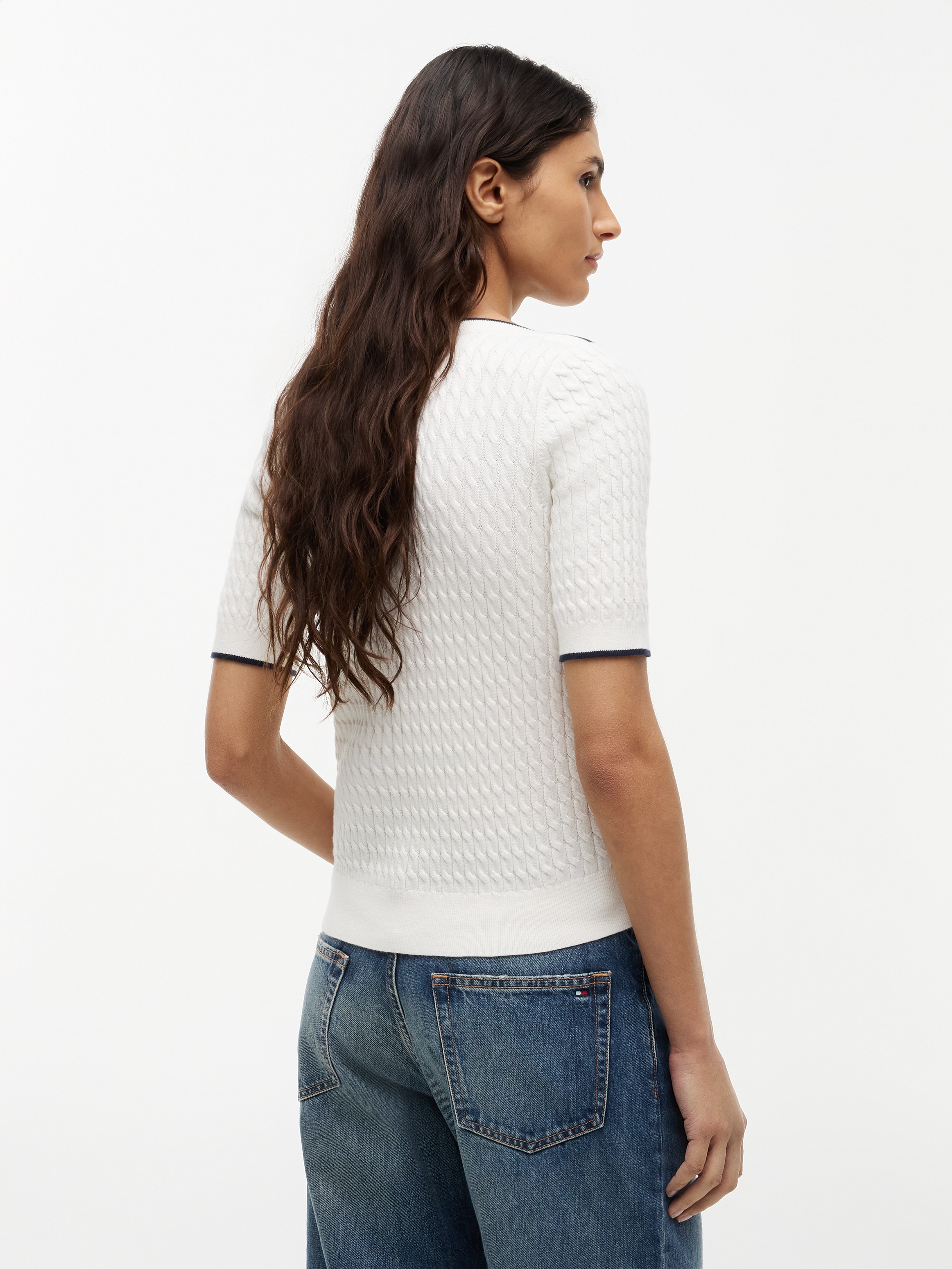 Tommy Hilfiger Kurzarmpullover »FINE GG CABLE BOAT NK S/S« Baumwolle, mit Zopfstrickmuster