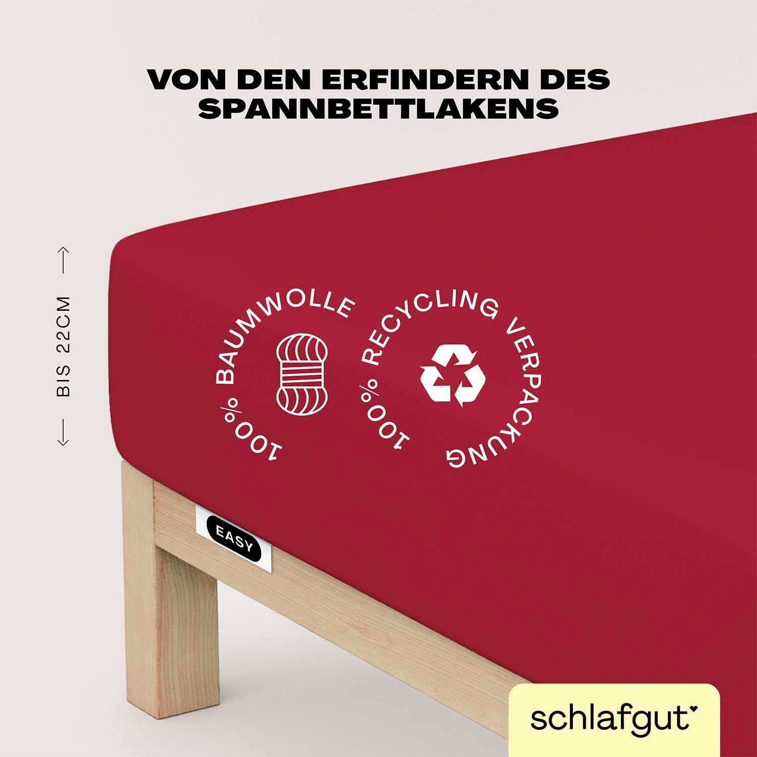 Schlafgut Spannbettlaken "EASY JERSEY Bettlaken, 150 g/m², 100% Baumwolle, Spannbetttuch" Spannbettlaken bis 22 cm Höhe, bügelfrei, pflegeleicht, perfekter Sitz