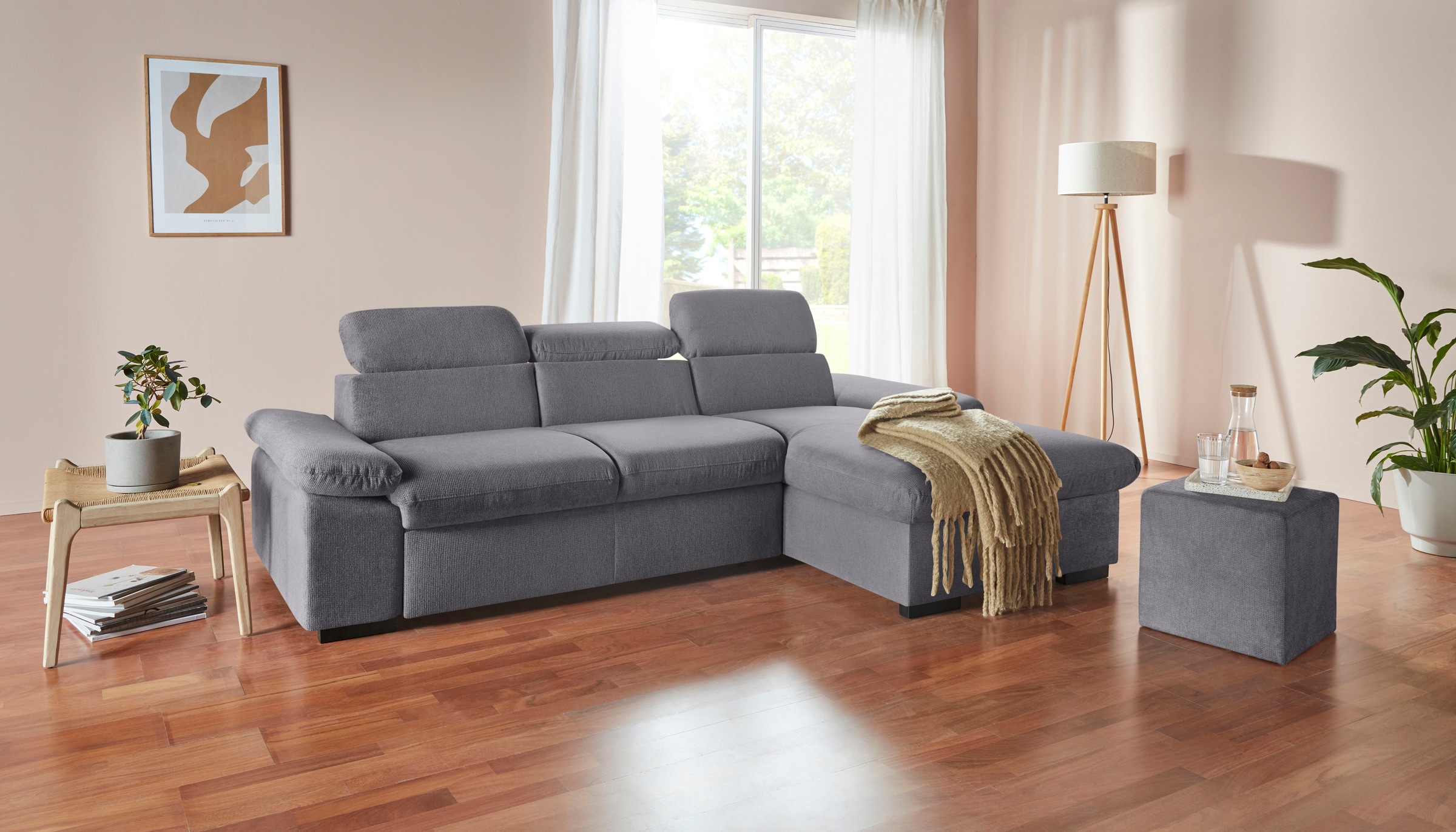 COTTA Ecksofa »Lola L-Form«, (Set, mit Hocker), mit Hocker & Kopfteilfunktion, wahlw. Bett- und Armteilfunktion