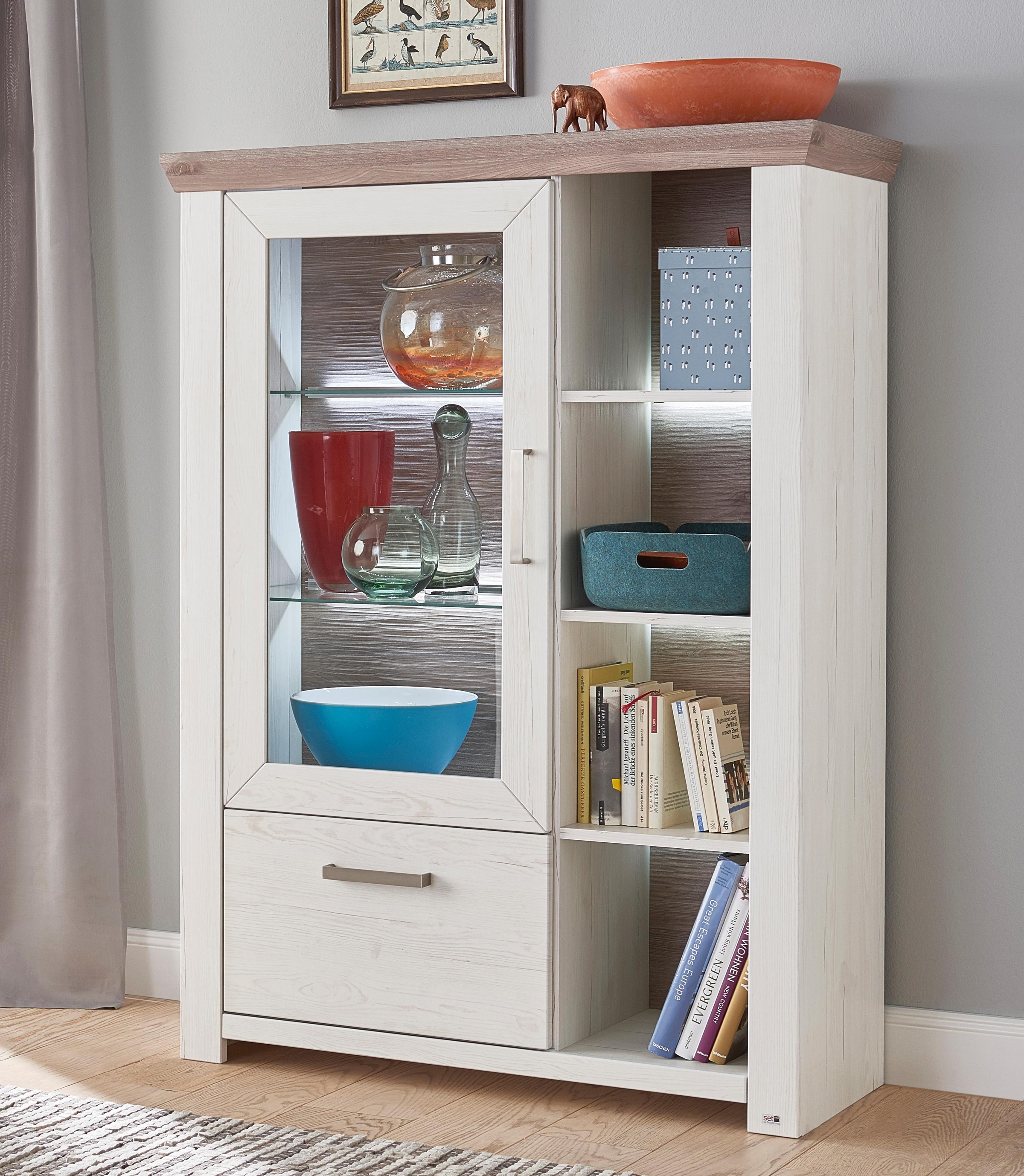 set one by Musterring Highboard »York«, Typ 13 und 14, mit Glastür und Schubkasten, 3 Farbvarianten, B 105 cm