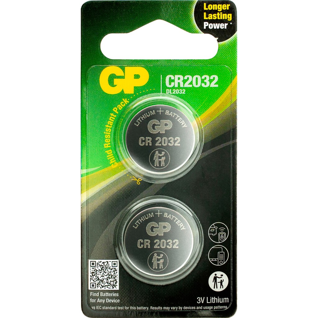 GP Batteries Knopfzelle »CR2032 GP Lithium 3V 2 Stück«, CR2032, 3 V, (Set, 2 St.)