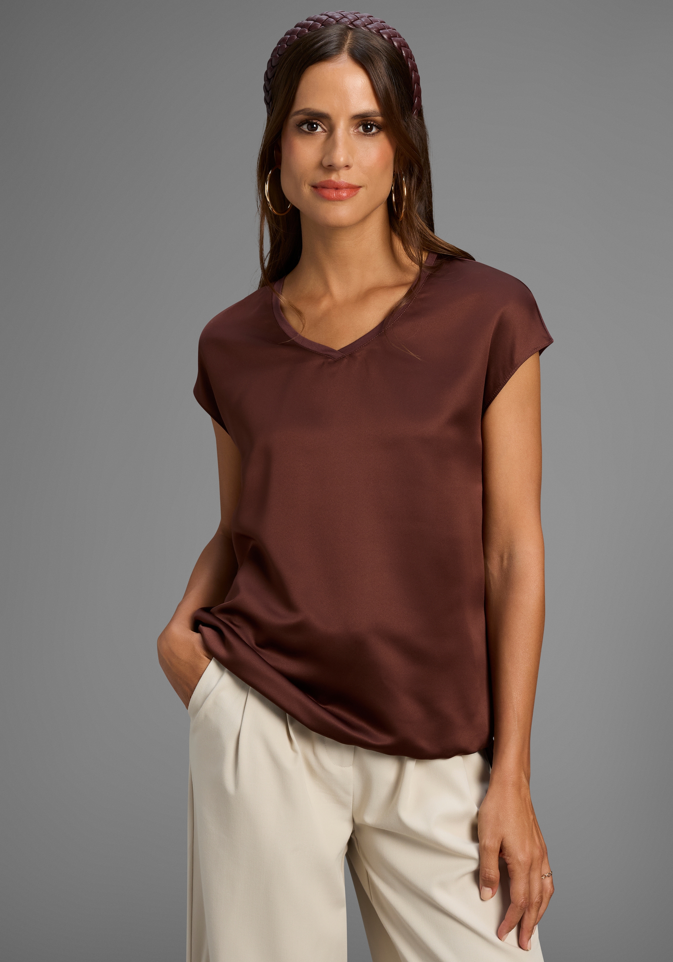 Laura Scott Shirtbluse, Satin-Bluse mit Jersey-Rückenteil und Bindeband - N günstig online kaufen