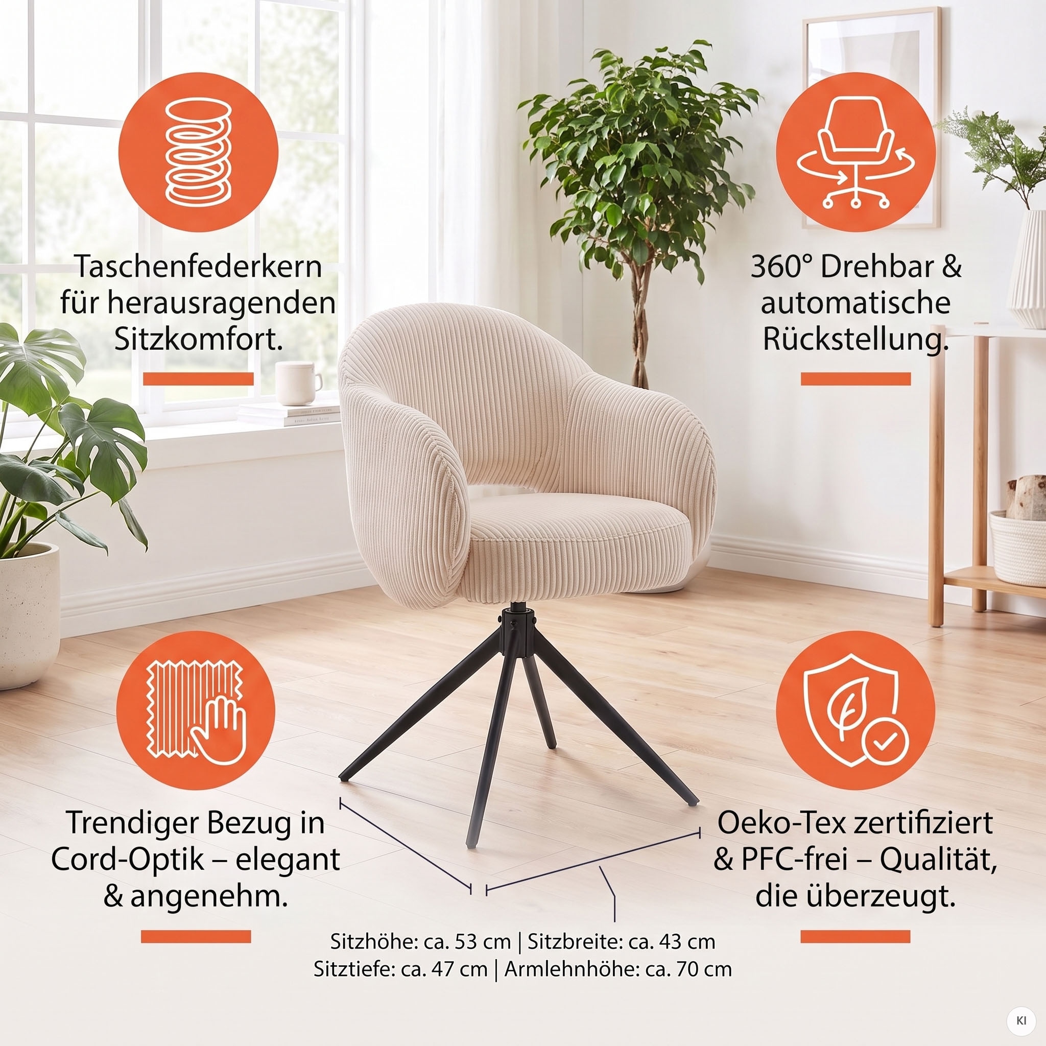 SalesFever Armlehnstuhl »Manchester Cord-Bezug« () 1 Stk.Esszimmerstuhl mit 360° Drehfunktion und Taschenfederkern