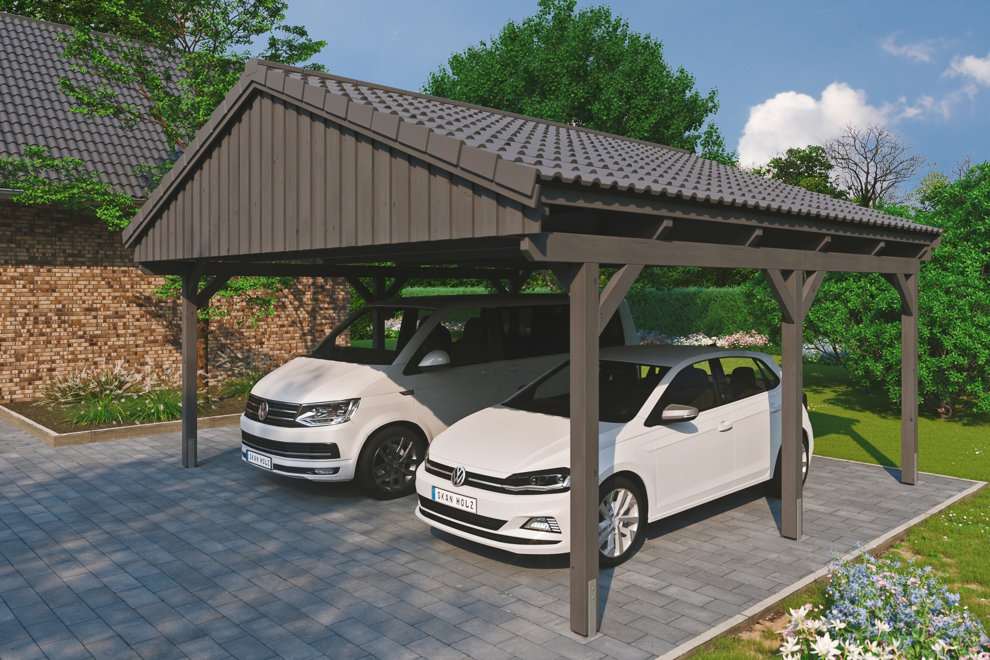 Skanholz Doppelcarport "Fichtelberg" Leimholz dunkelgrau mit Dachlattung