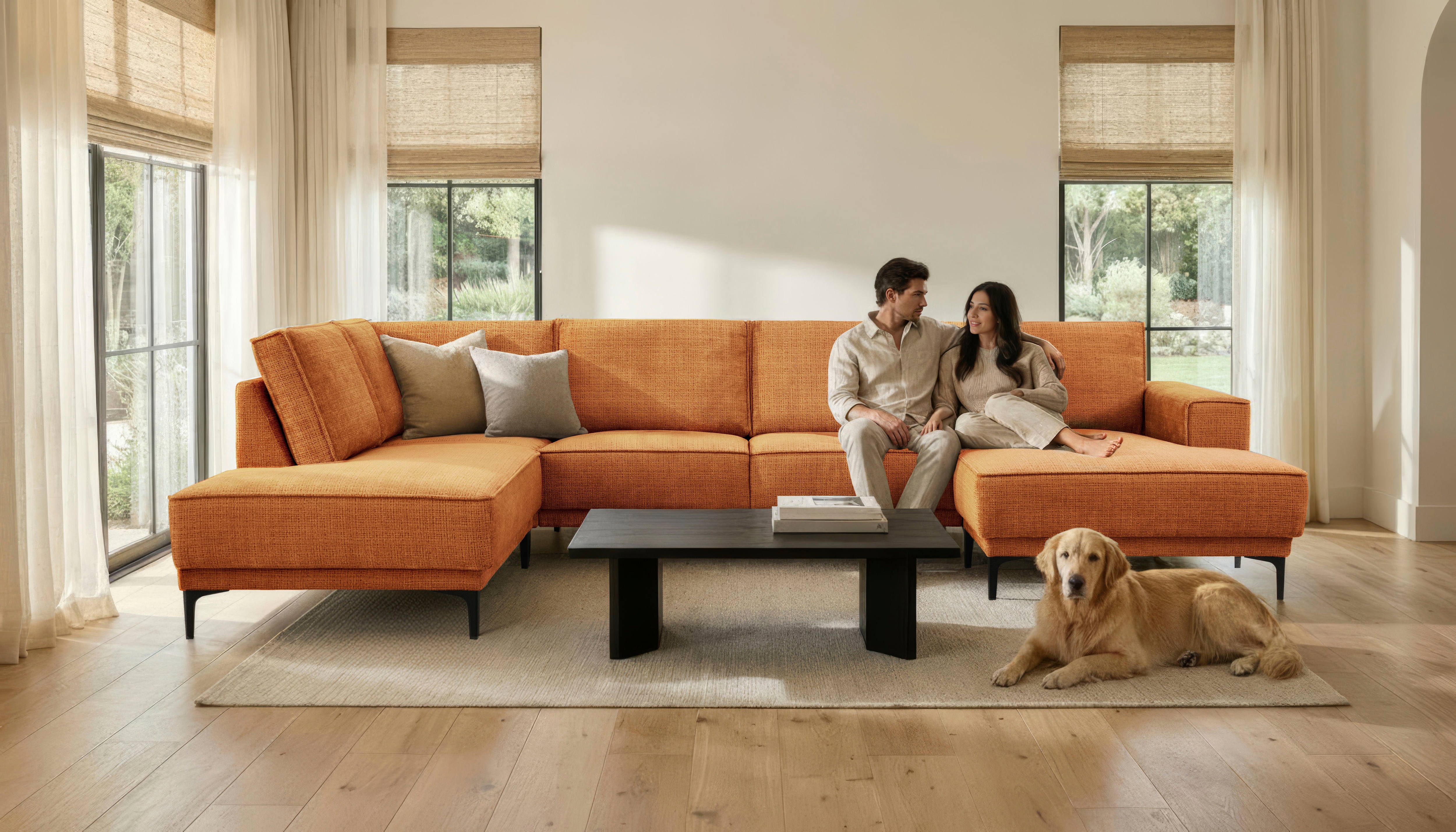 OTTO home Wohnlandschaft "OLAND Chenille U-Form, XXL, B: 345 cm, Skandi-Design" U-Form, 345 cm, Wellenunterfederung, Skandi-Design, Metallfüße